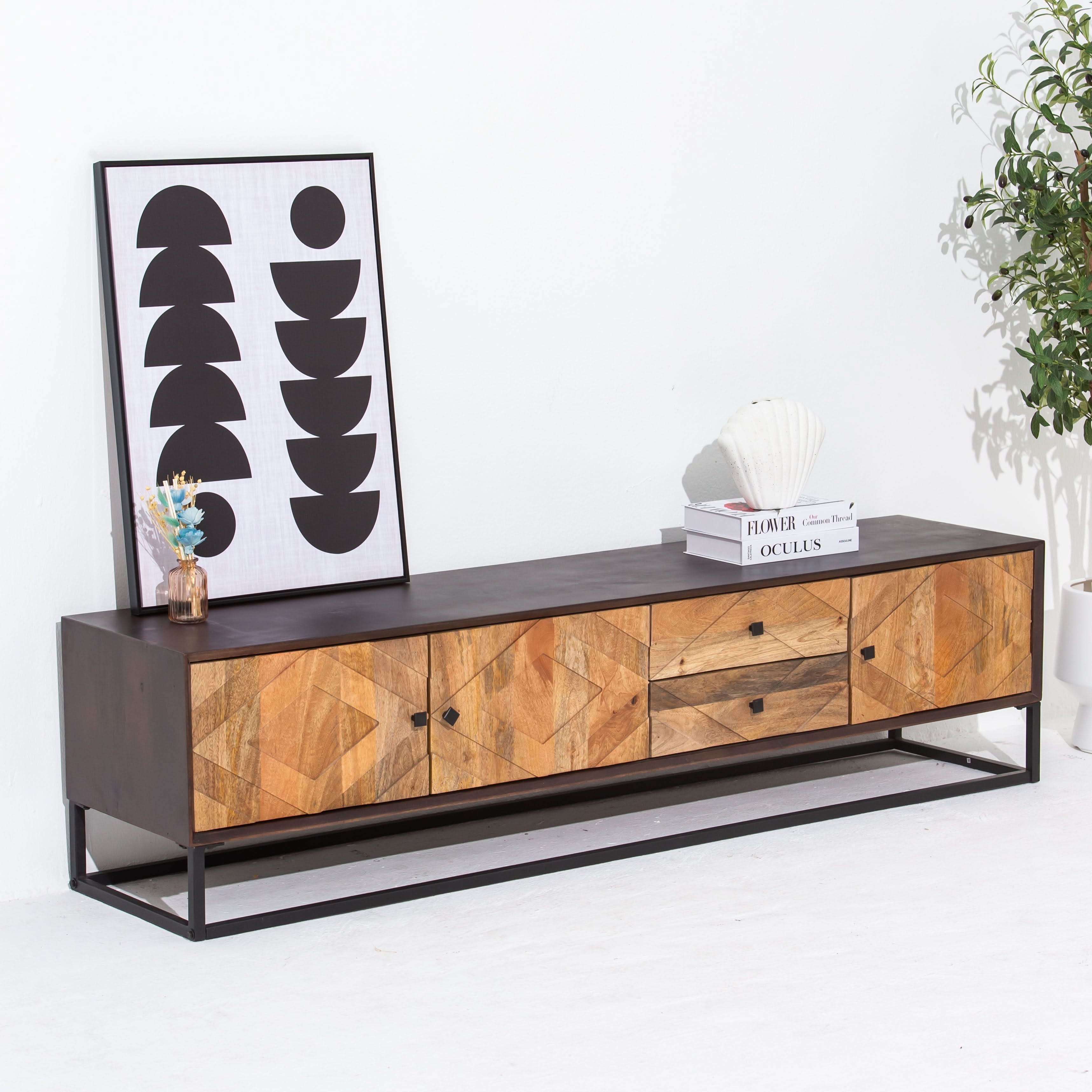 MORO WOODEN THREE DOOR TWO DRAWER TV STAND - Art and craft furniture