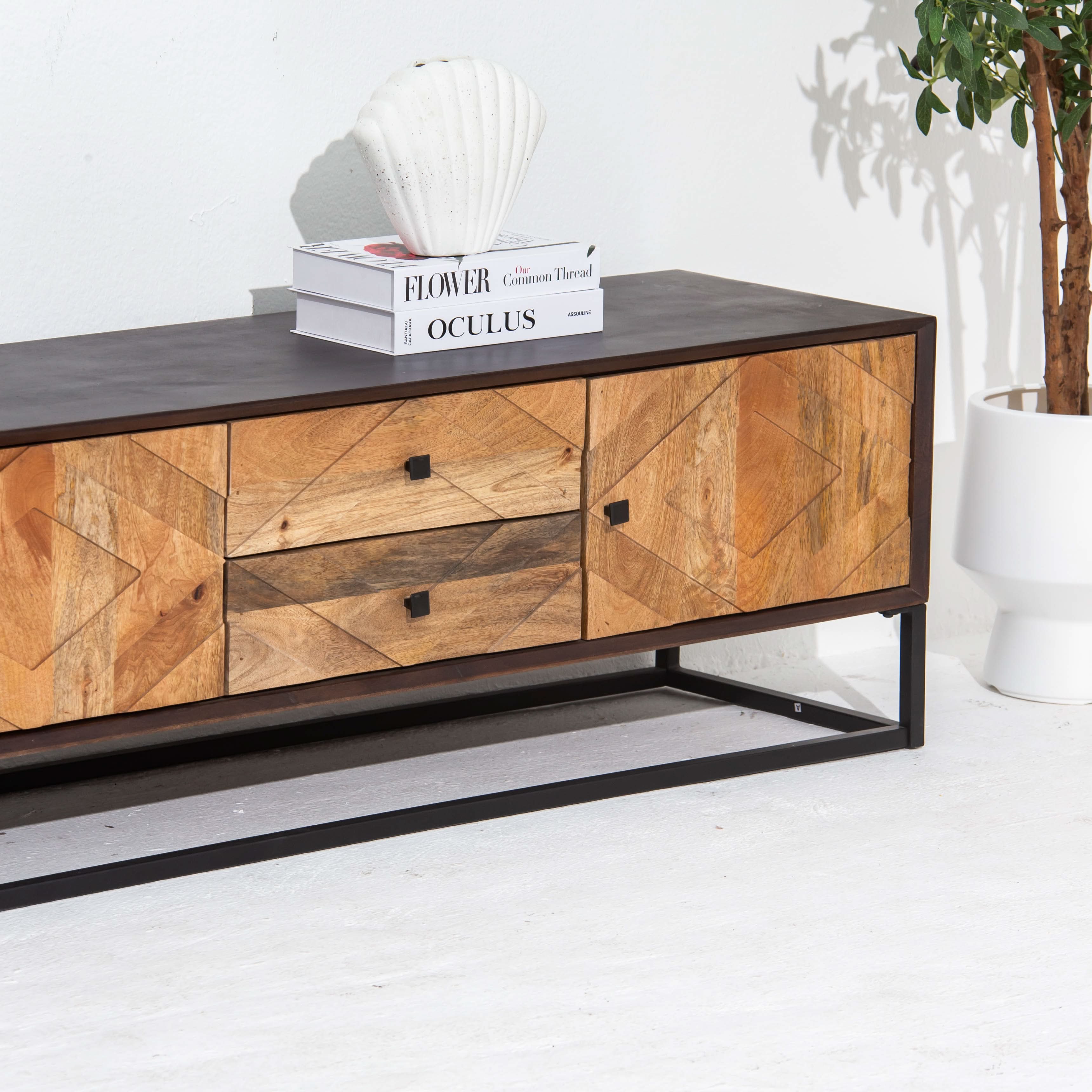 MORO WOODEN THREE DOOR TWO DRAWER TV STAND - Art and craft furniture