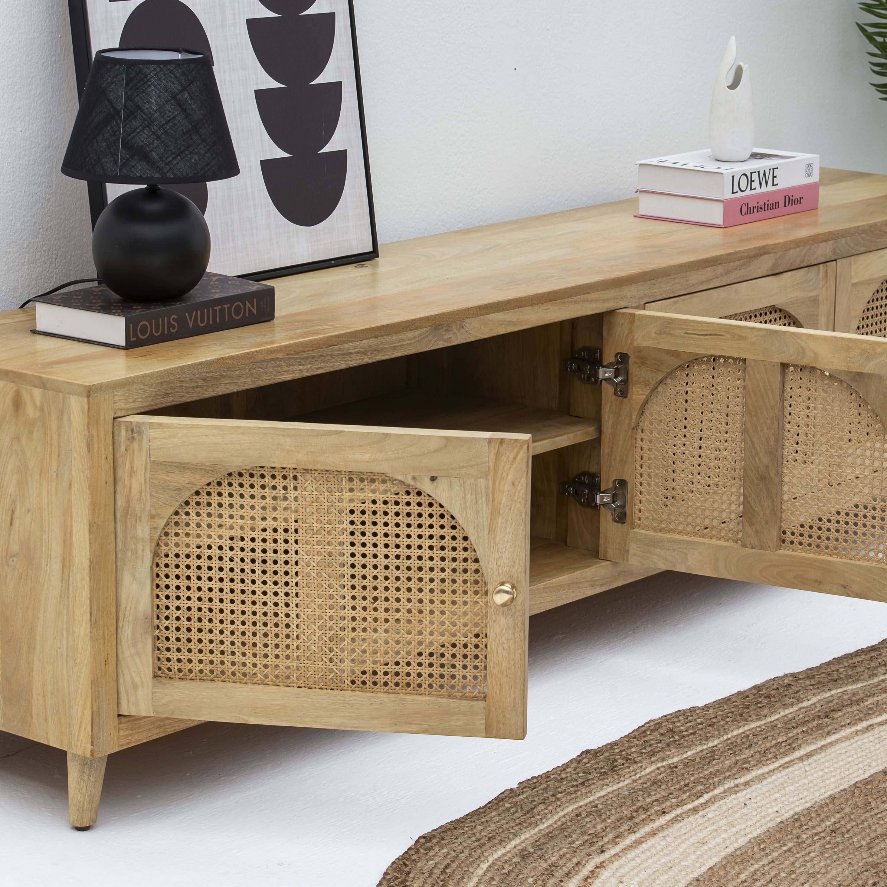 CANOVA-CURVE CANE FOUR DOOR TV STAND - Art and craft furniture