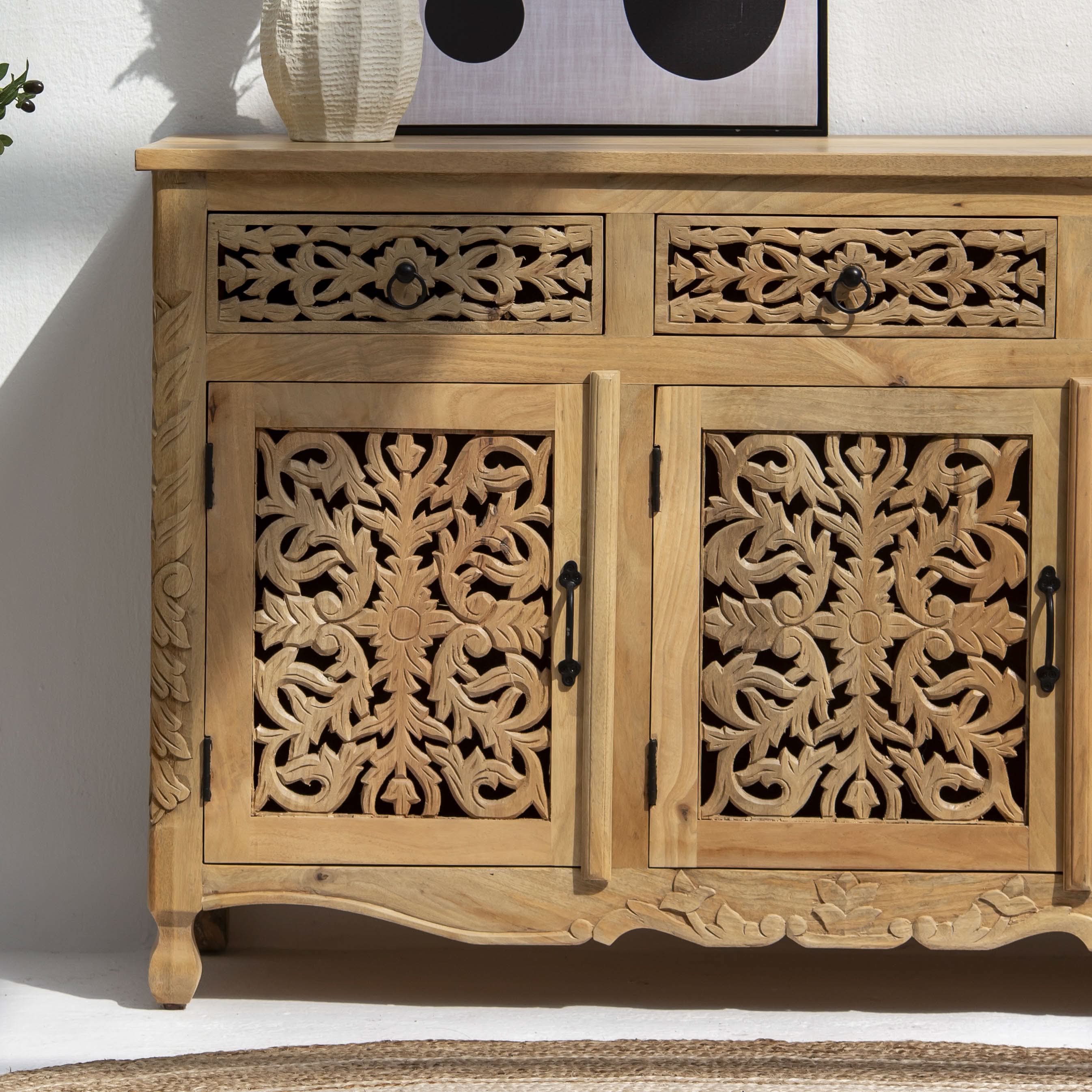 CARVING WOODEN THREE DRAWER THREE DOOR SIDEBOARD - Art and craft furniture