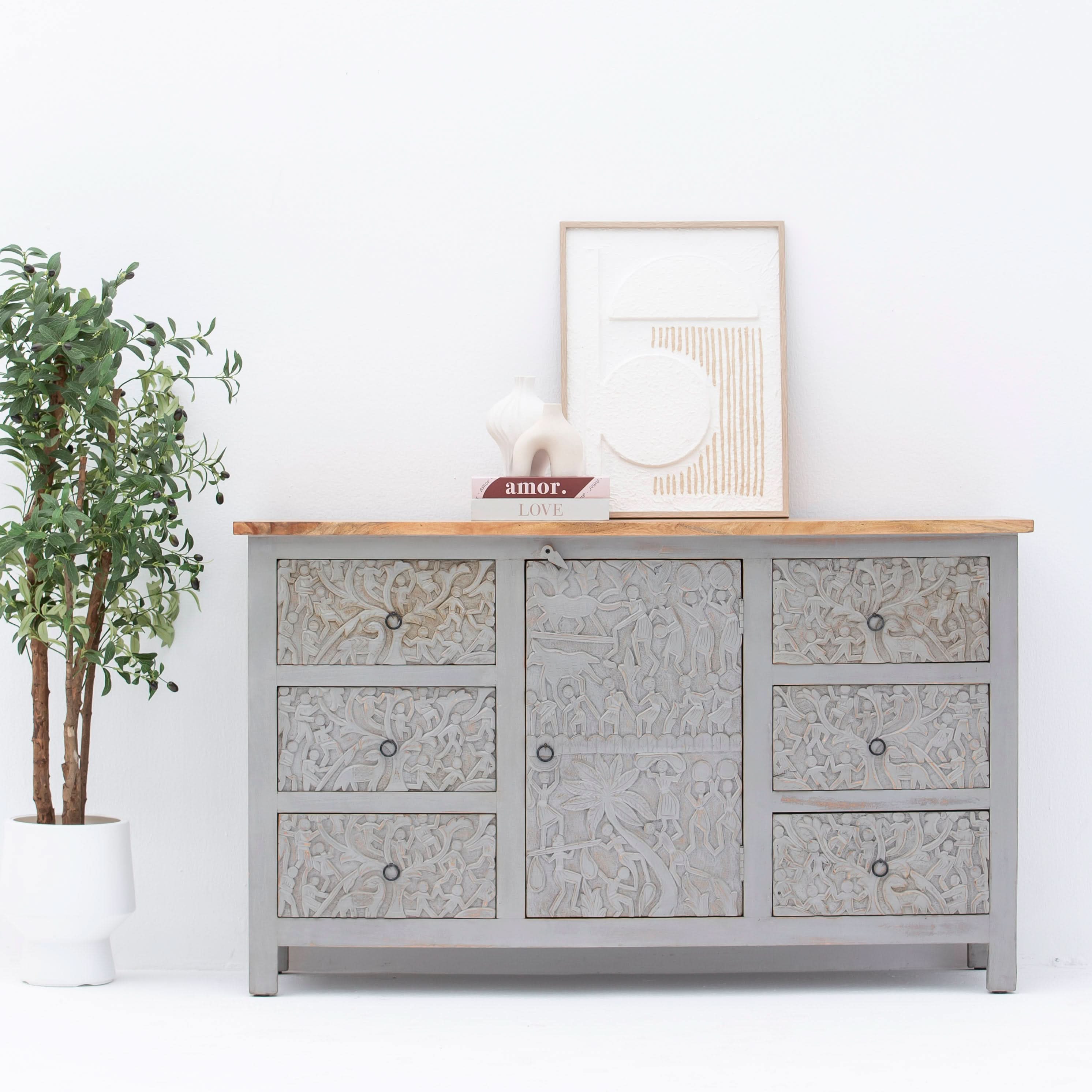 CARVING SIX DRAWER ONE DOOR SIDEBOARD - Art and craft furniture
