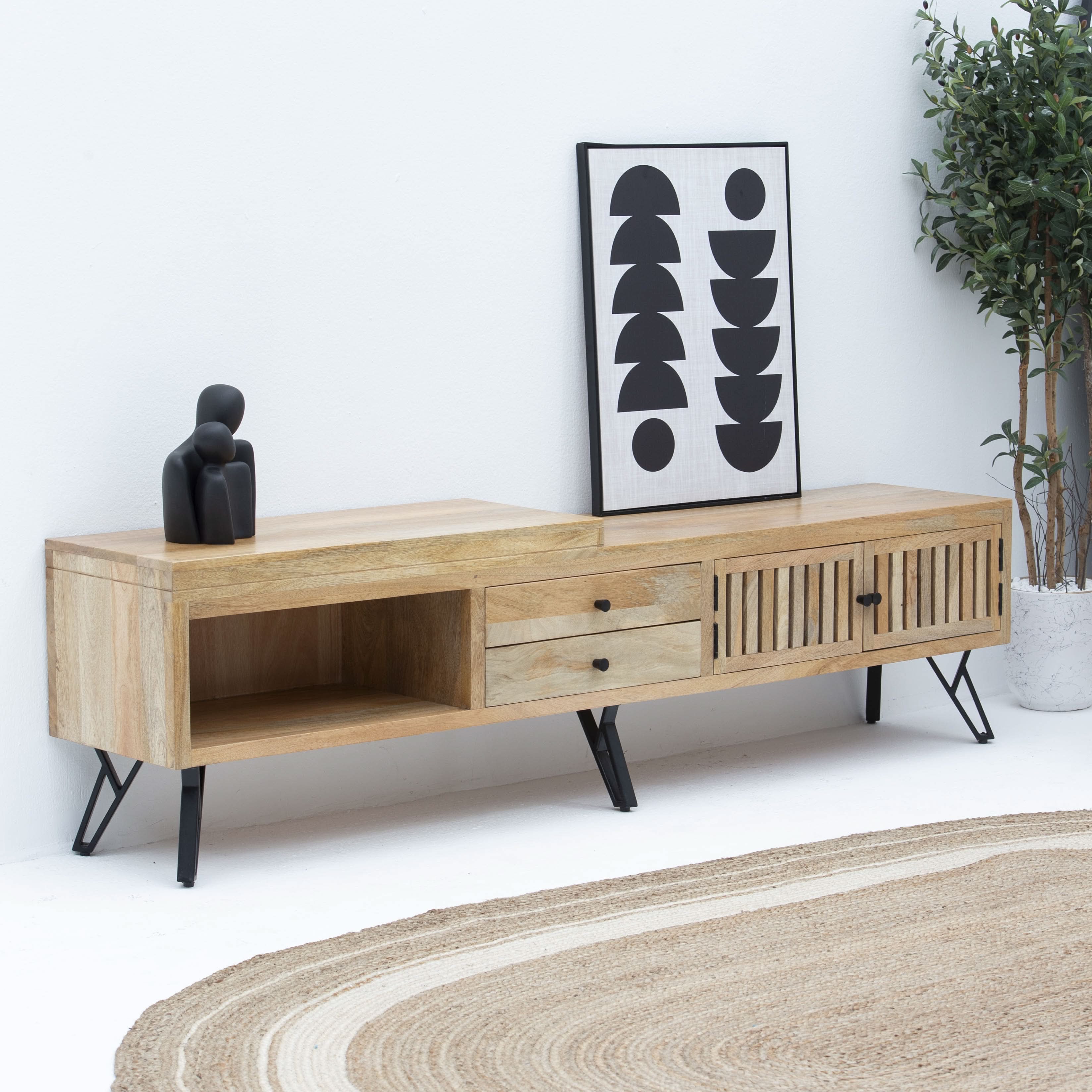 SKYLINE WOODEN TWO DRAWER-DOOR TV STAND - Art and craft furniture