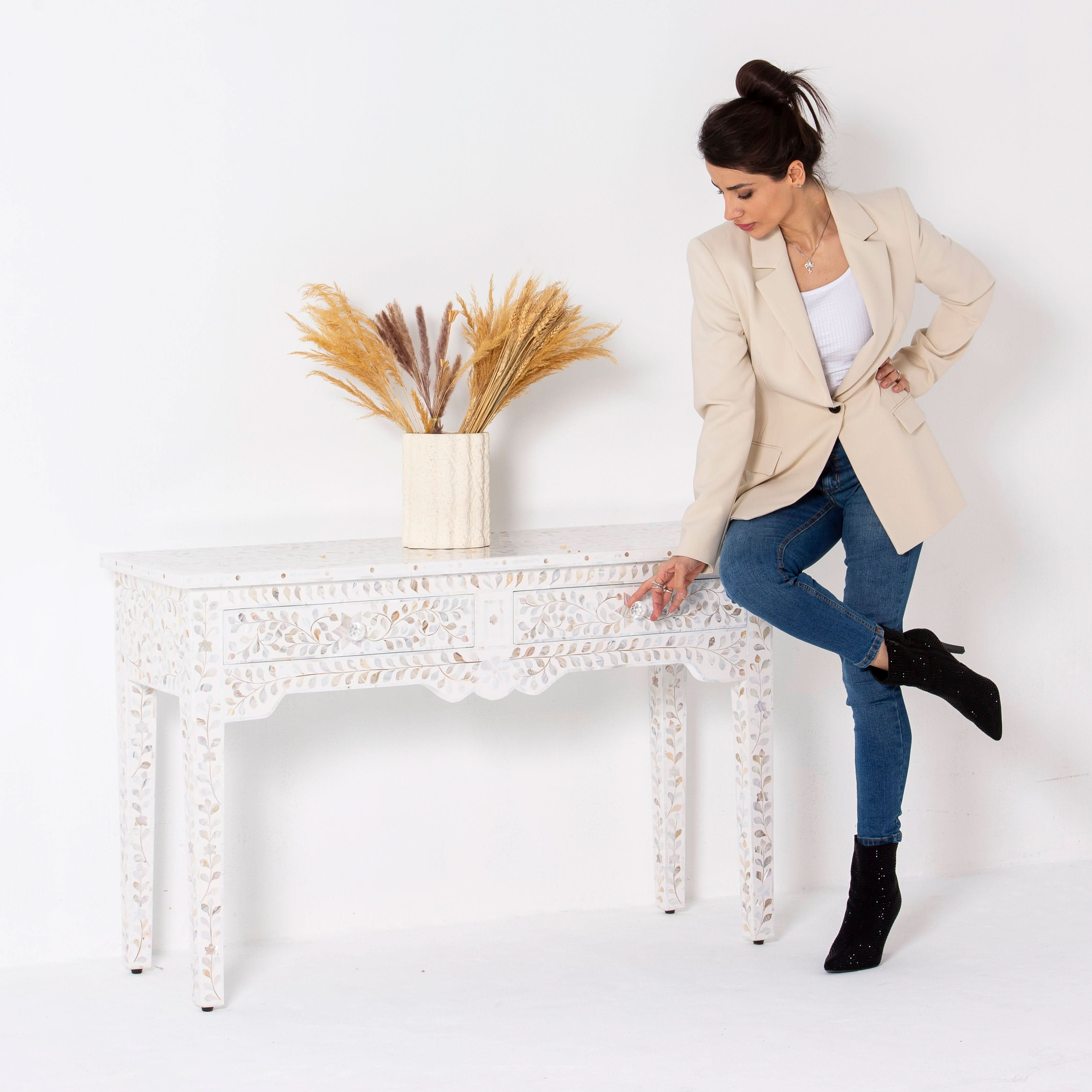OCEAN-WHITE MOTHER OF PEARL TWO DRAWER CONSOLE TABLE - Art and craft furniture