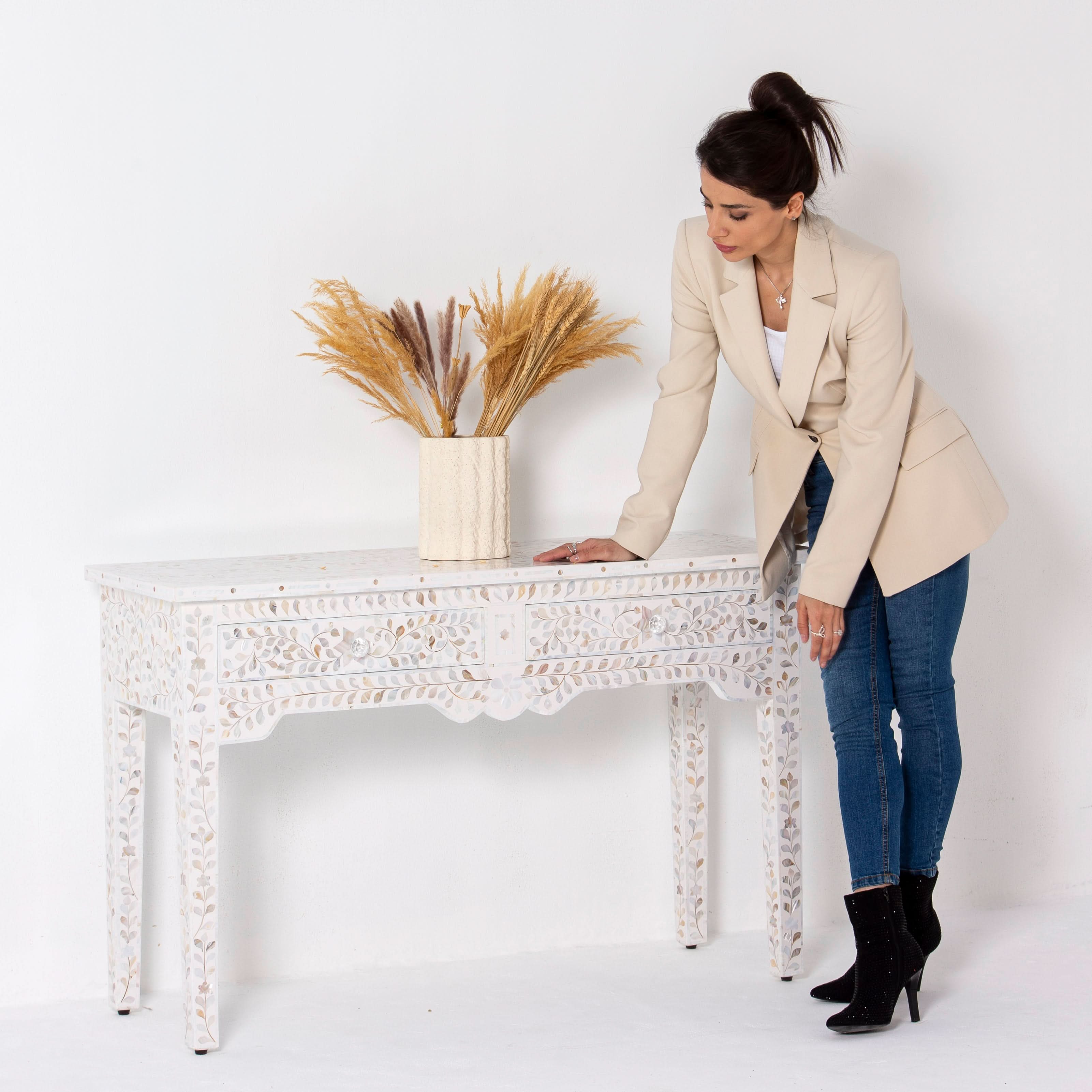 OCEAN-WHITE MOTHER OF PEARL TWO DRAWER CONSOLE TABLE - Art and craft furniture