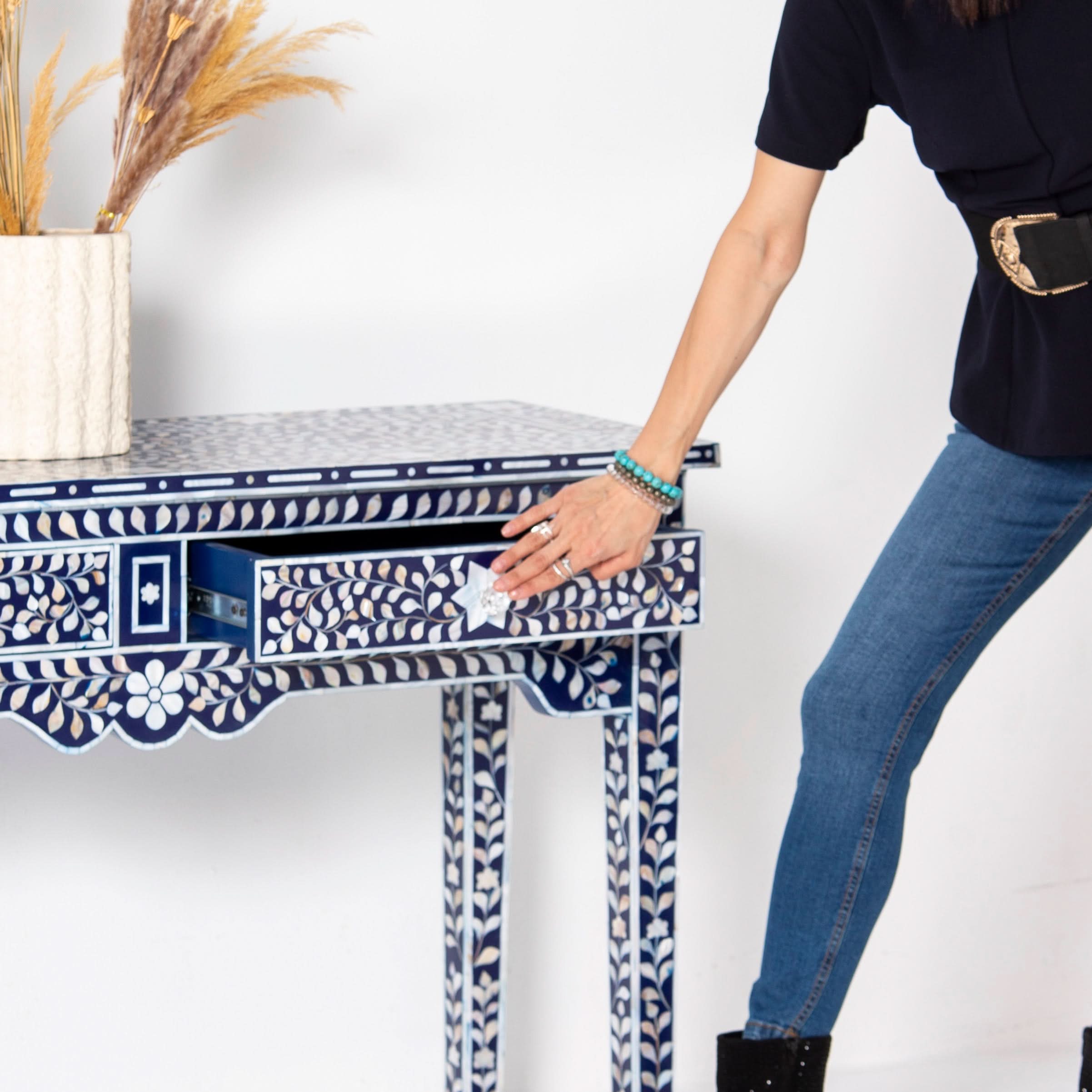 OCEANIC-BLUE MOTHER OF PEARL TWO DRAWER CONSOLE TABLE - Art and craft furniture