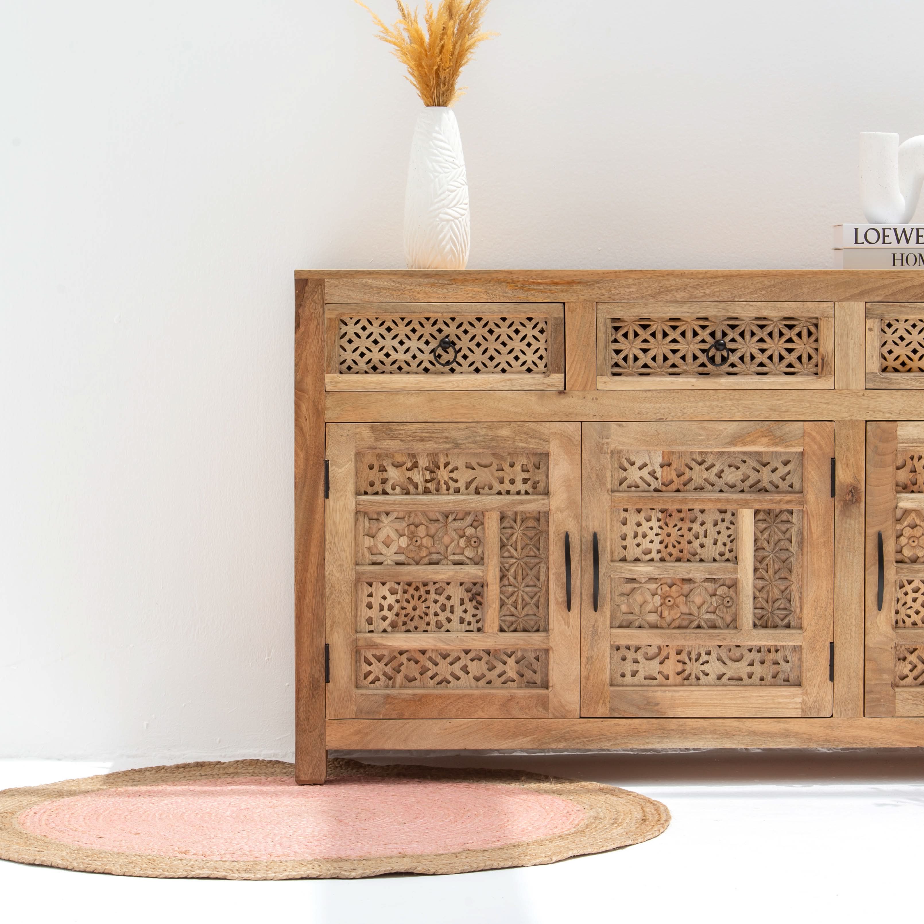SIERRA WOODEN THREE DOOR THREE DRAWER CARVING SIDEBOARD - Art and craft furniture