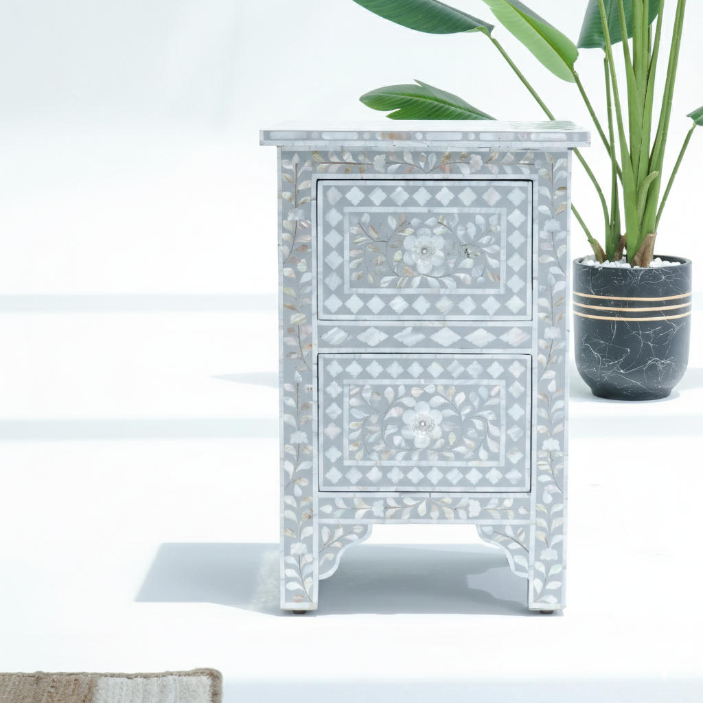 FLORAL-GREY MOTHER OF PEARL BEDSIDE TABLE - Art and craft furniture
