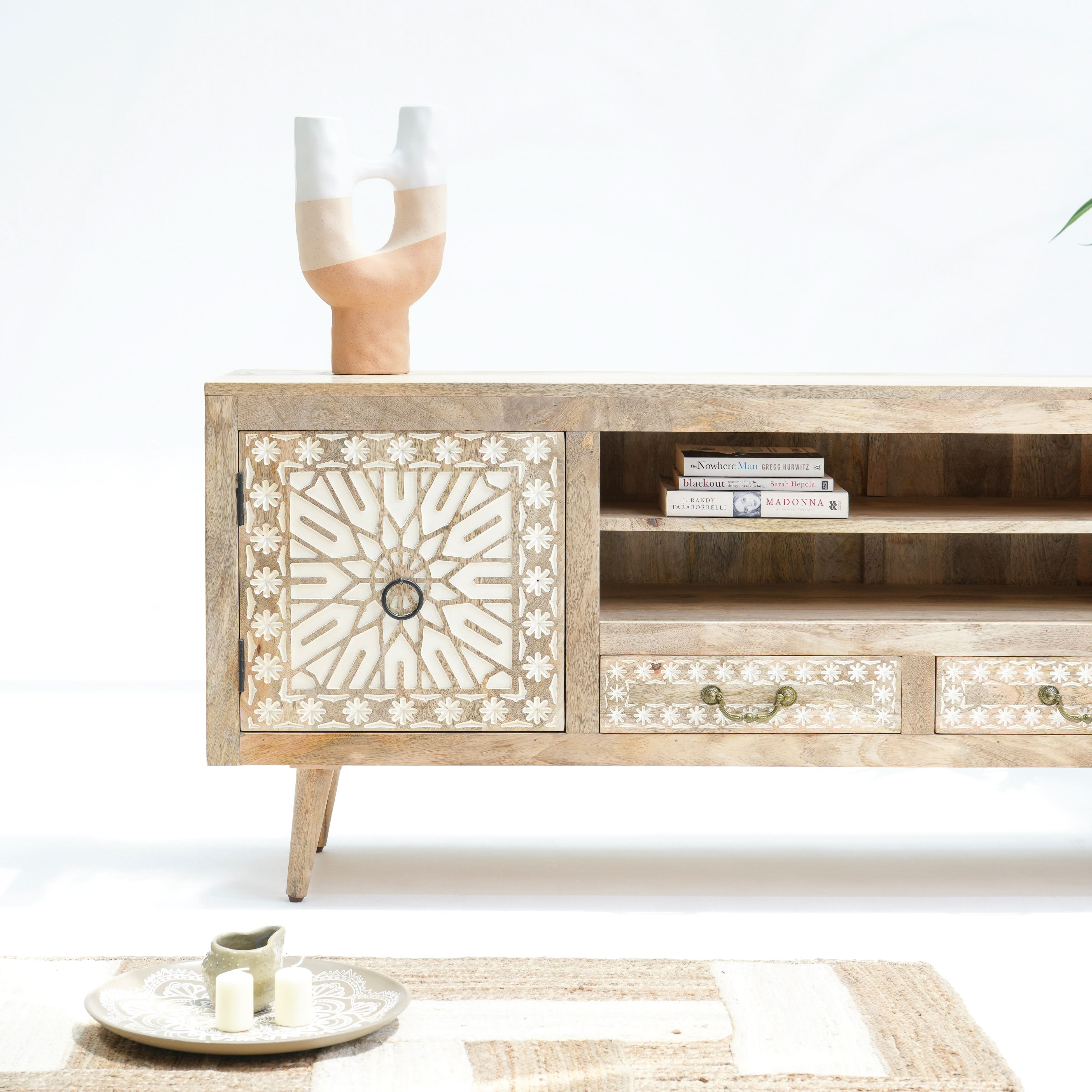 IVORY CNC DESIGN TWO DOOR TWO DRAWER TV STAND - Art and craft furniture