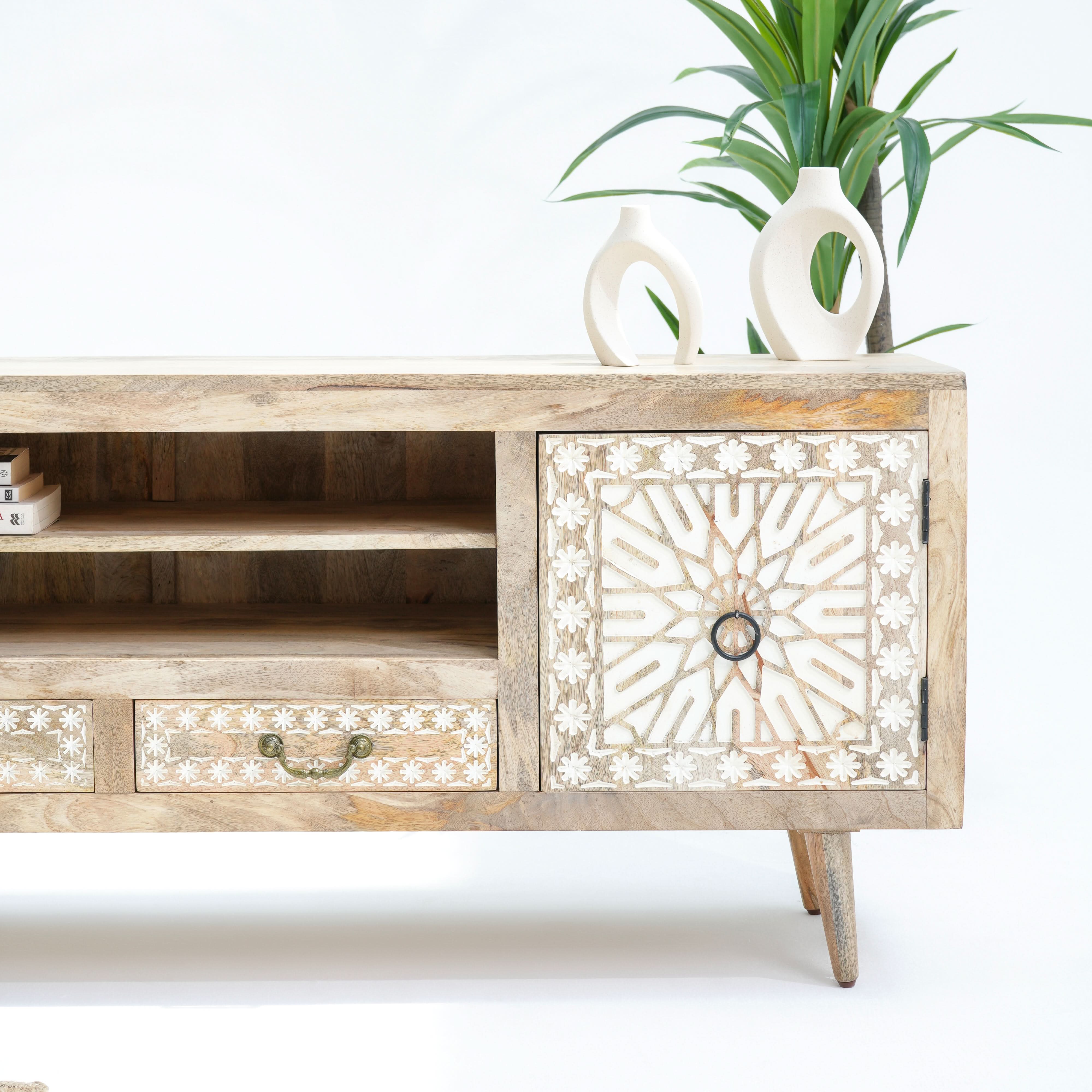 IVORY CNC DESIGN TWO DOOR TWO DRAWER TV STAND - Art and craft furniture