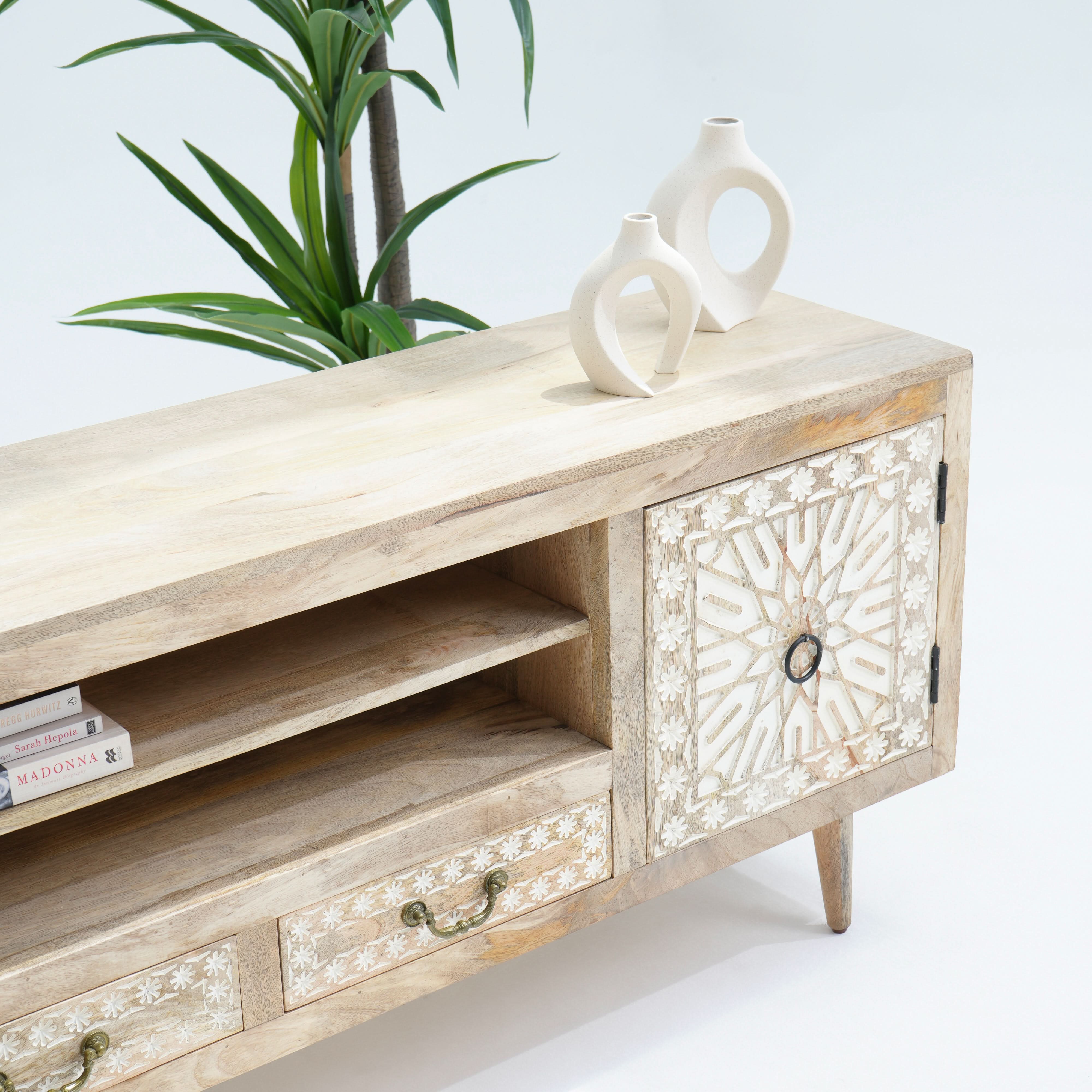 IVORY CNC DESIGN TWO DOOR TWO DRAWER TV STAND - Art and craft furniture