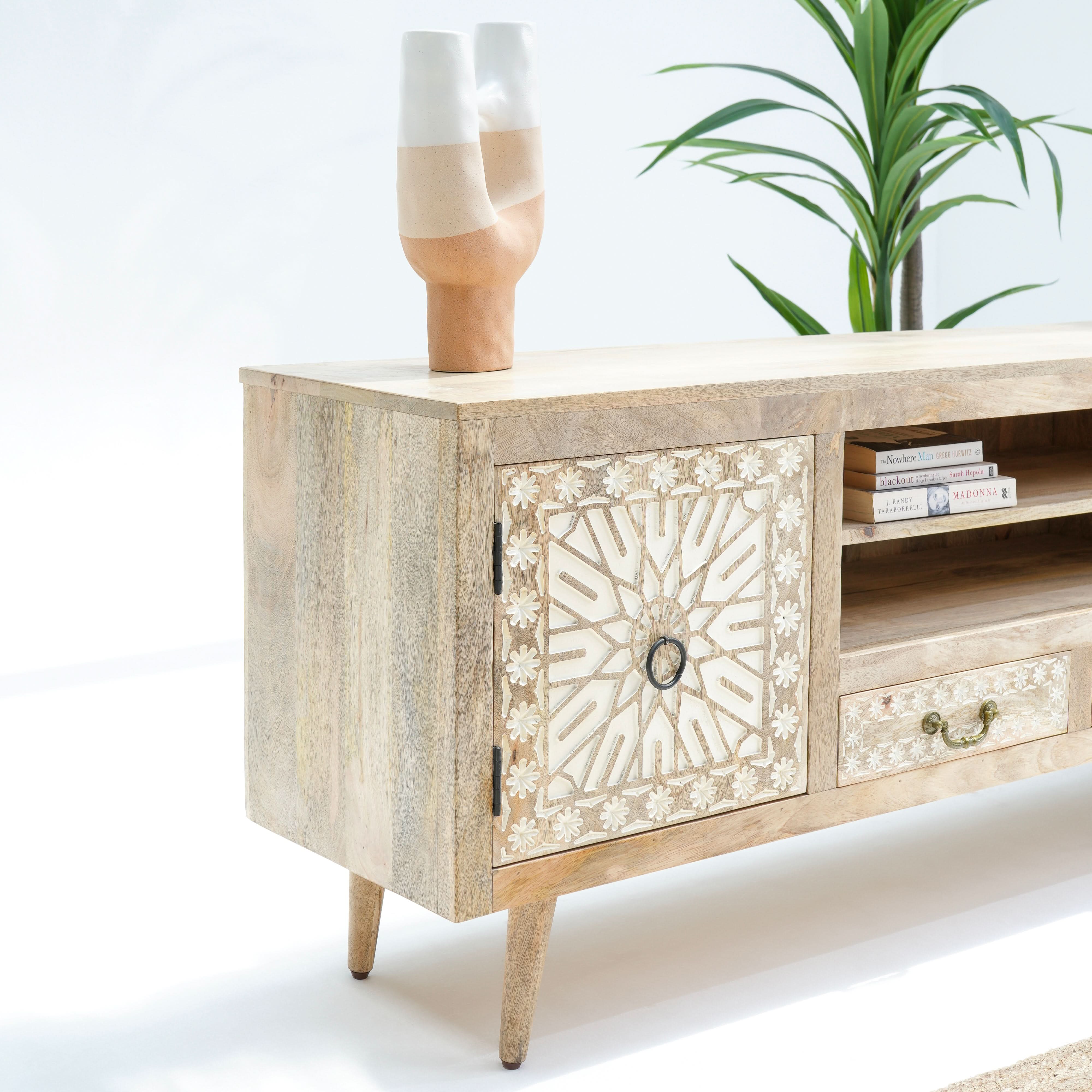IVORY CNC DESIGN TWO DOOR TWO DRAWER TV STAND - Art and craft furniture