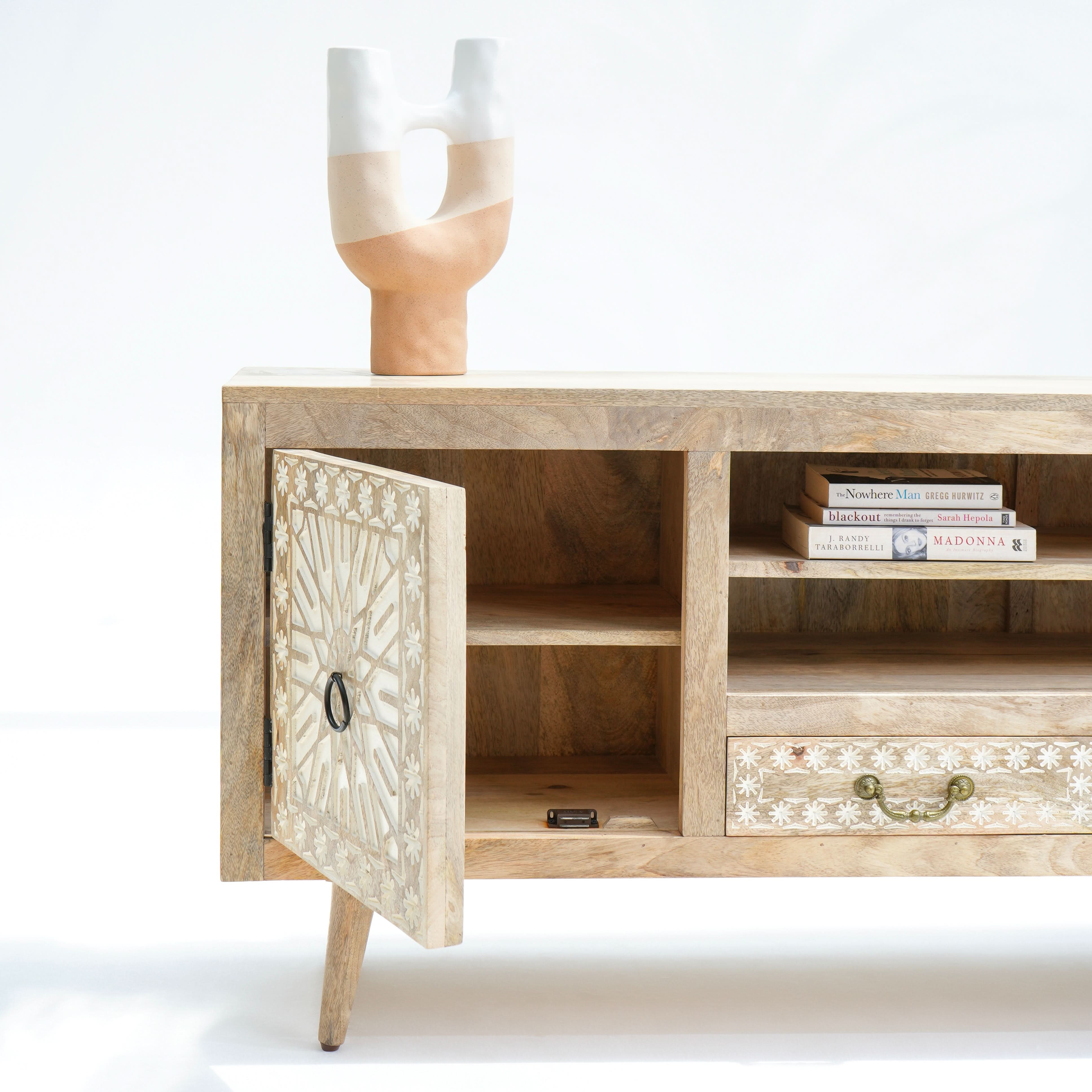 IVORY CNC DESIGN TWO DOOR TWO DRAWER TV STAND - Art and craft furniture