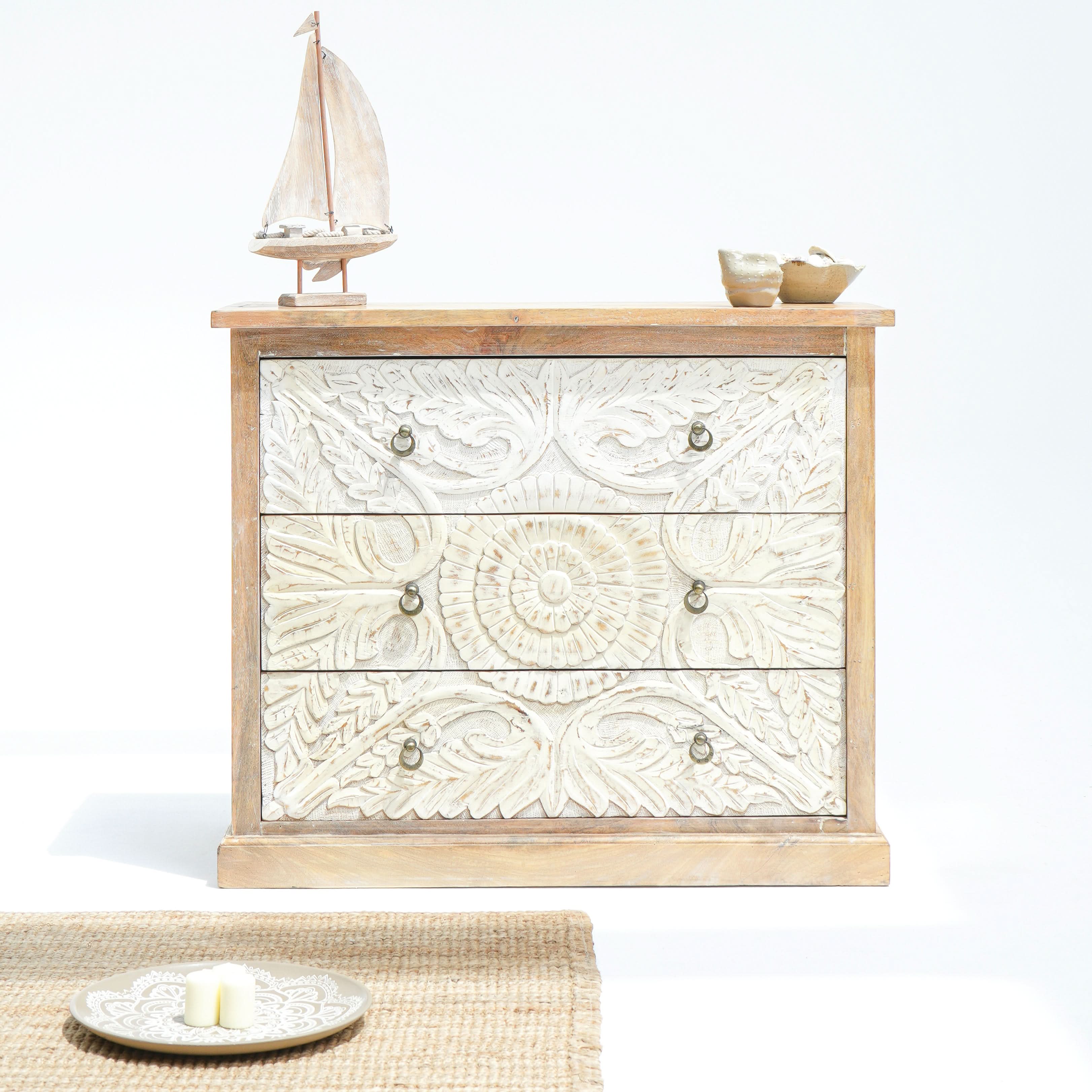 ARTISAN CARVED MANGO WOOD CHEST OF DRAWERS - Art and craft furniture
