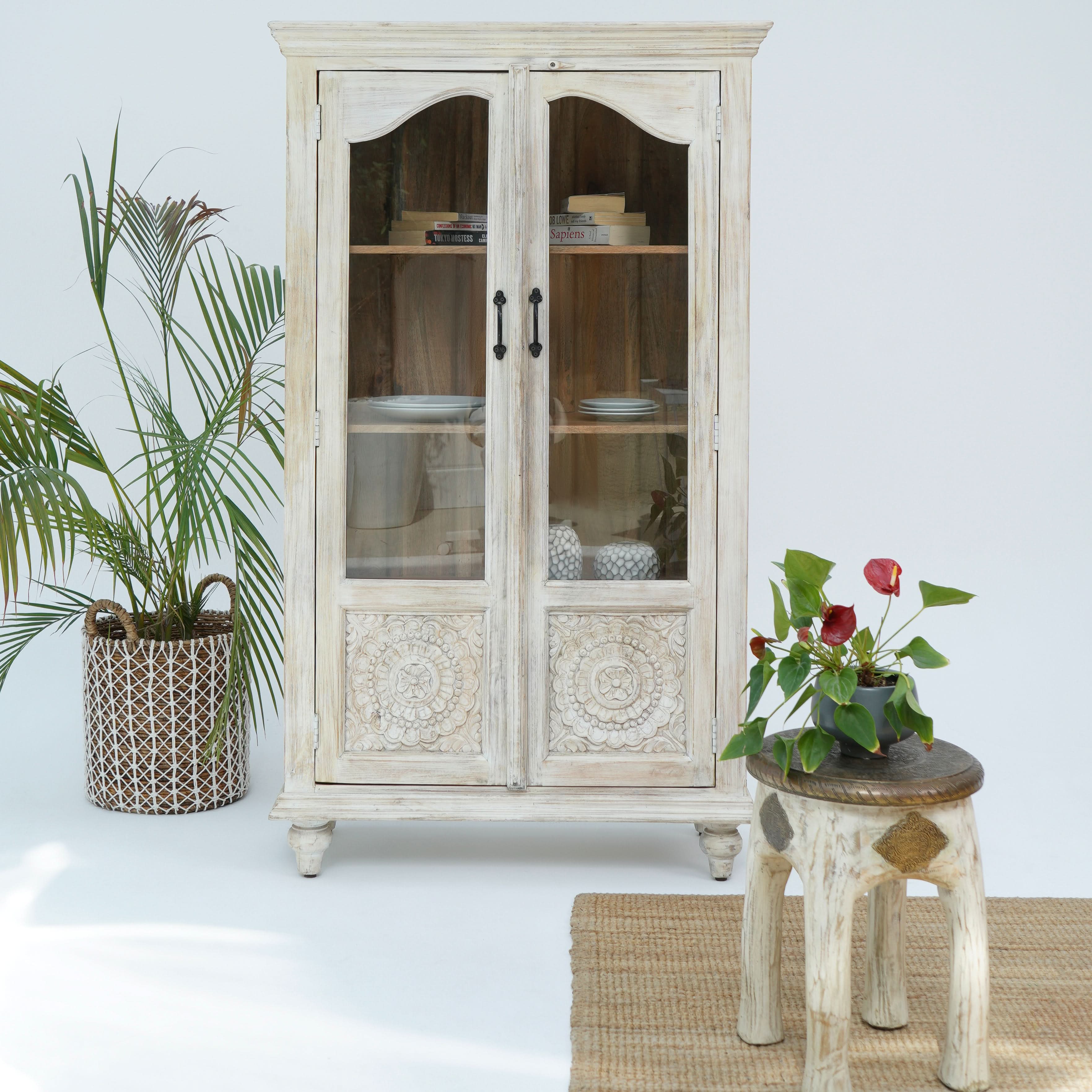 CHARM GLASS DOOR MANGO WOOD CARVED CABINET - Art and craft furniture
