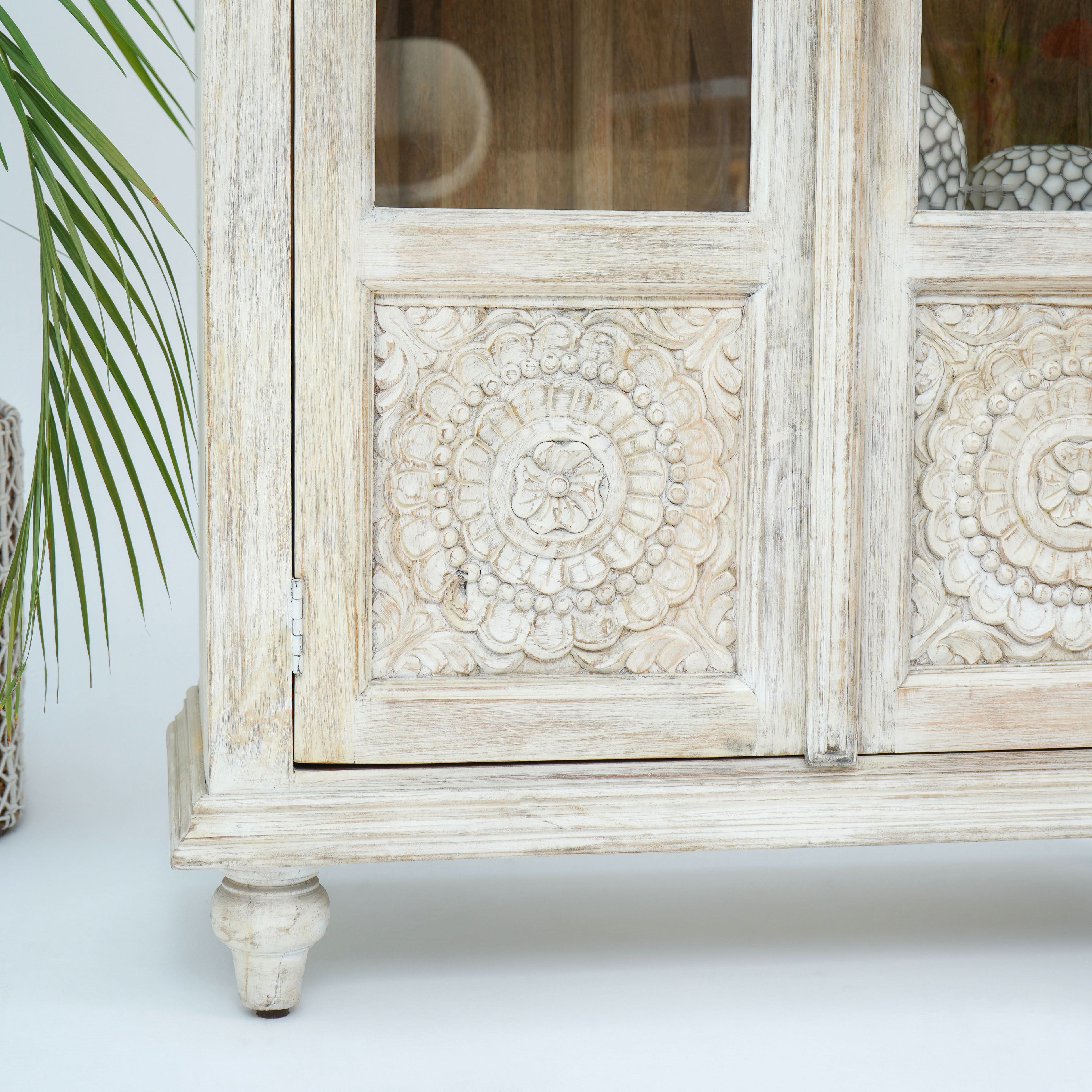 CHARM GLASS DOOR MANGO WOOD CARVED CABINET - Art and craft furniture