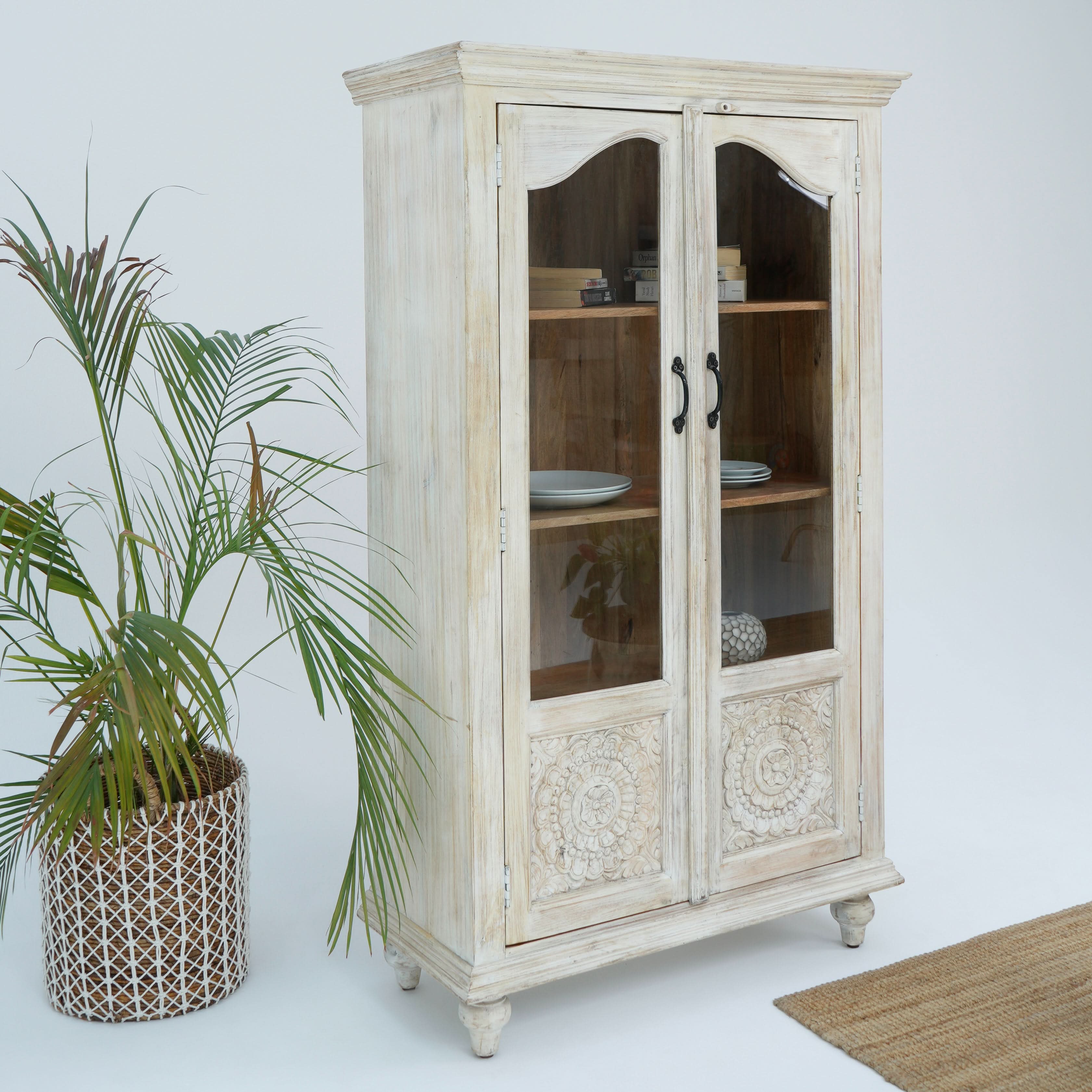 CHARM GLASS DOOR MANGO WOOD CARVED CABINET - Art and craft furniture