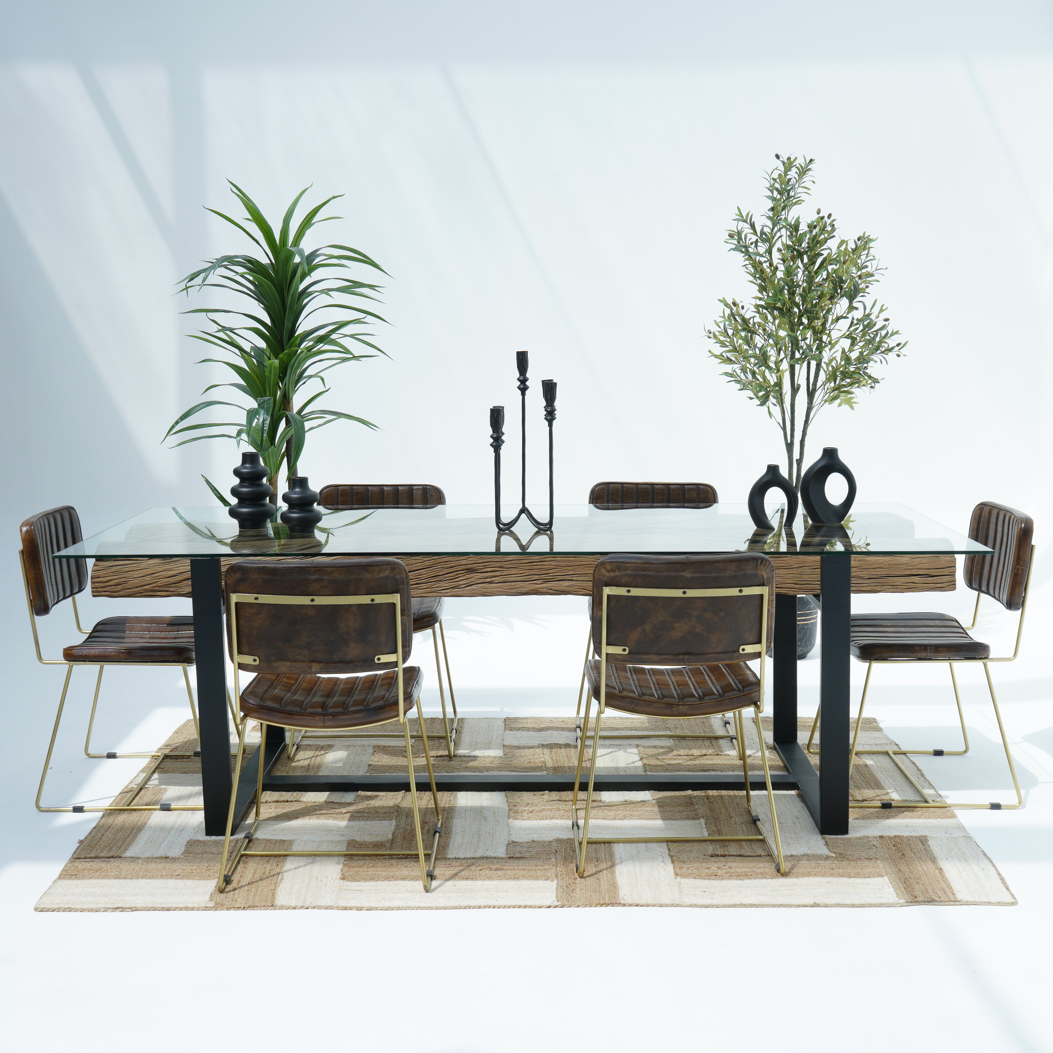 Indian Heritage Railway Log With Black Metal Leg Dining Table