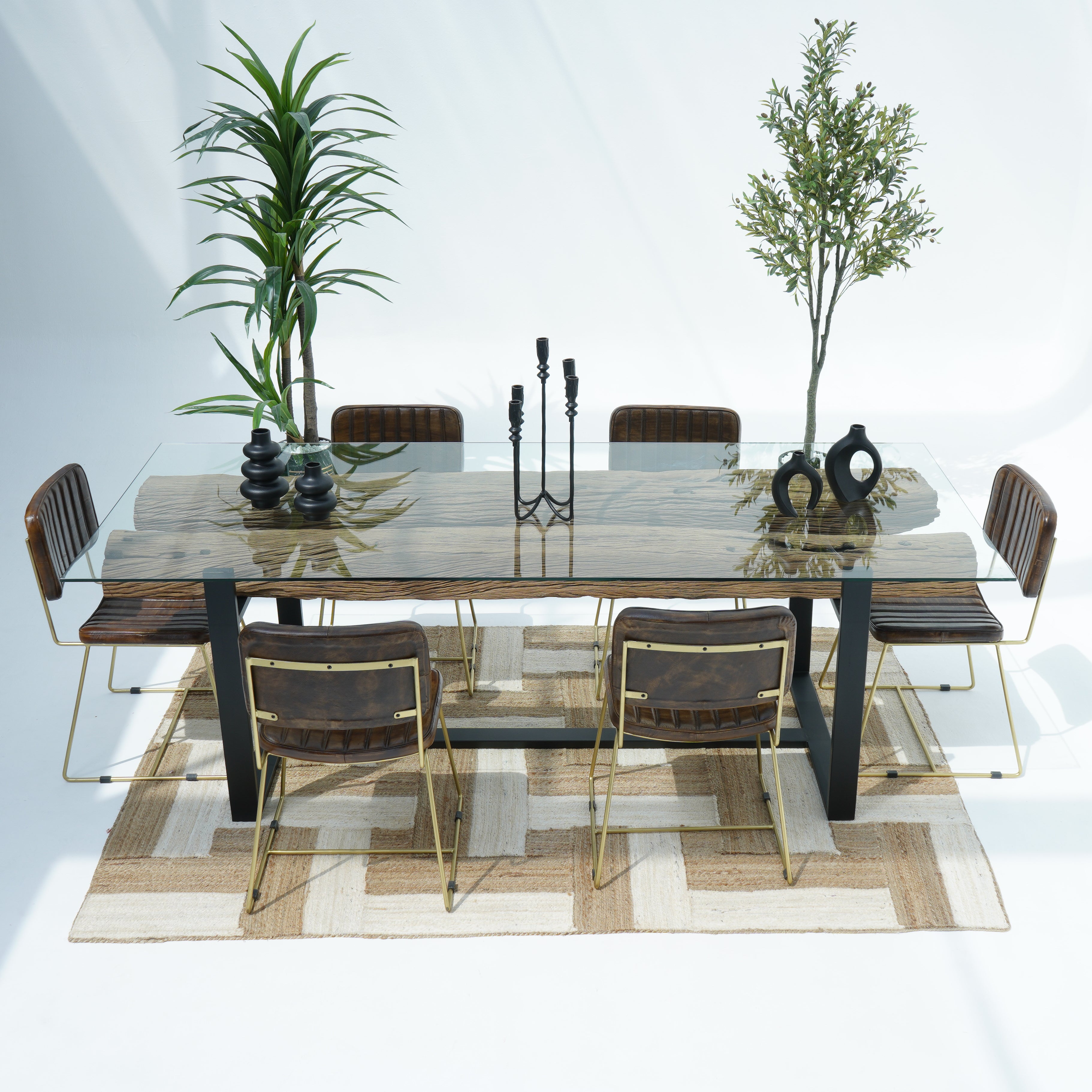 Indian Heritage Railway Log With Black Metal Leg Dining Table