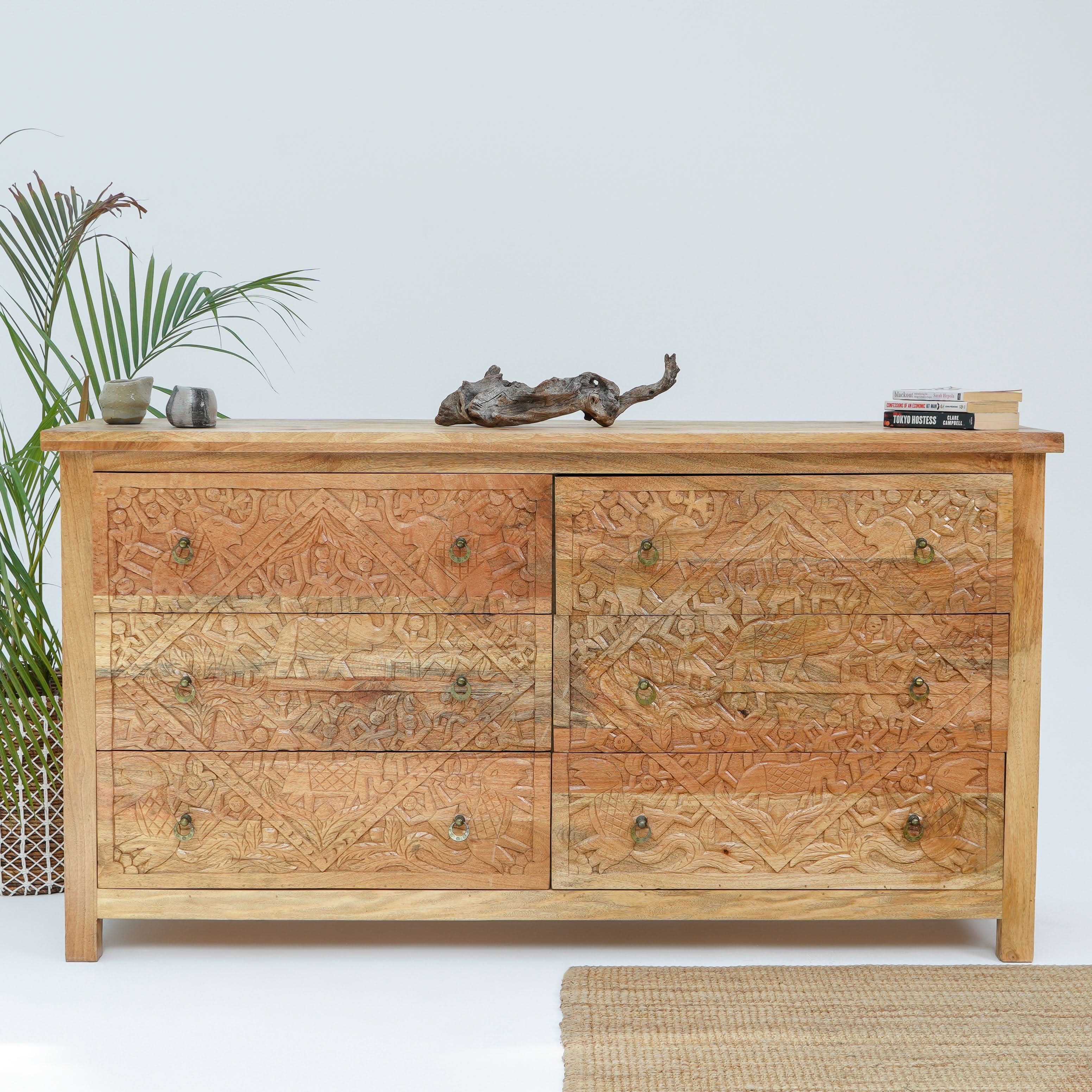 LISMORE CARVING SIX DRAWER CHEST OF DRAWERS - Art and craft furniture