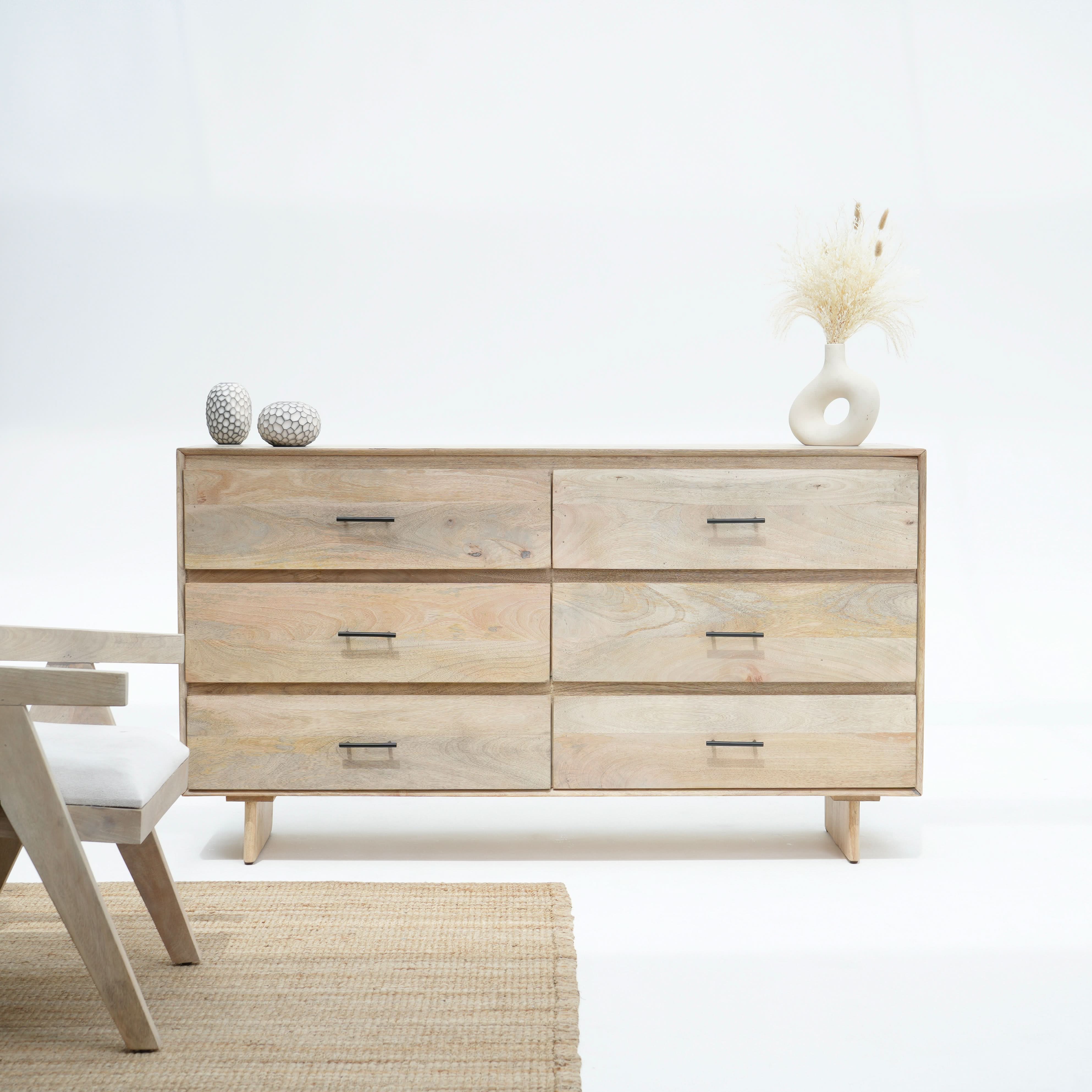 AUREVO PLAIN FINISH SIX DRAWER DRESSER - Art and craft furniture