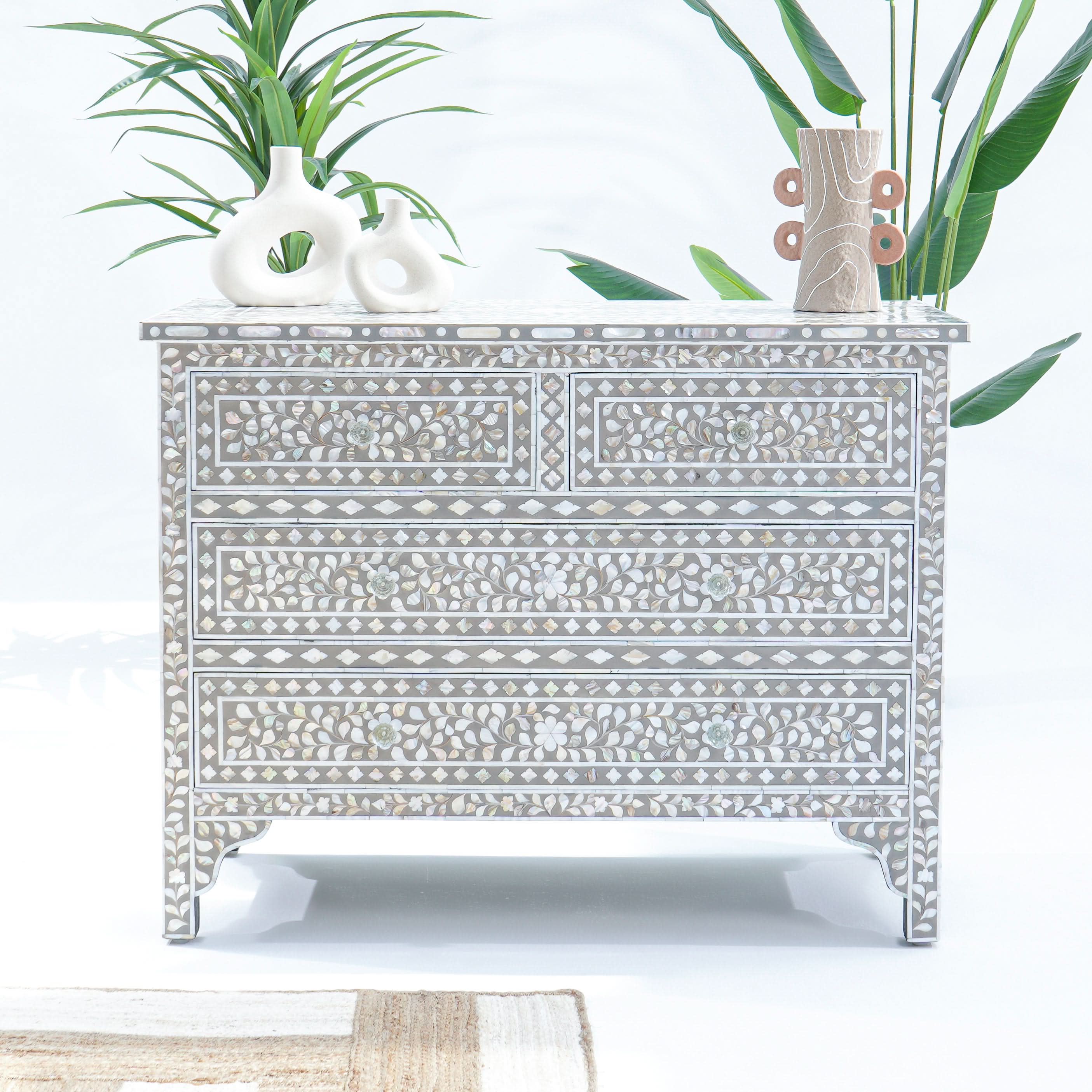 FLORAL GREY MOTHER OF PEARL CHEST OF DRAWER - Art and craft furniture