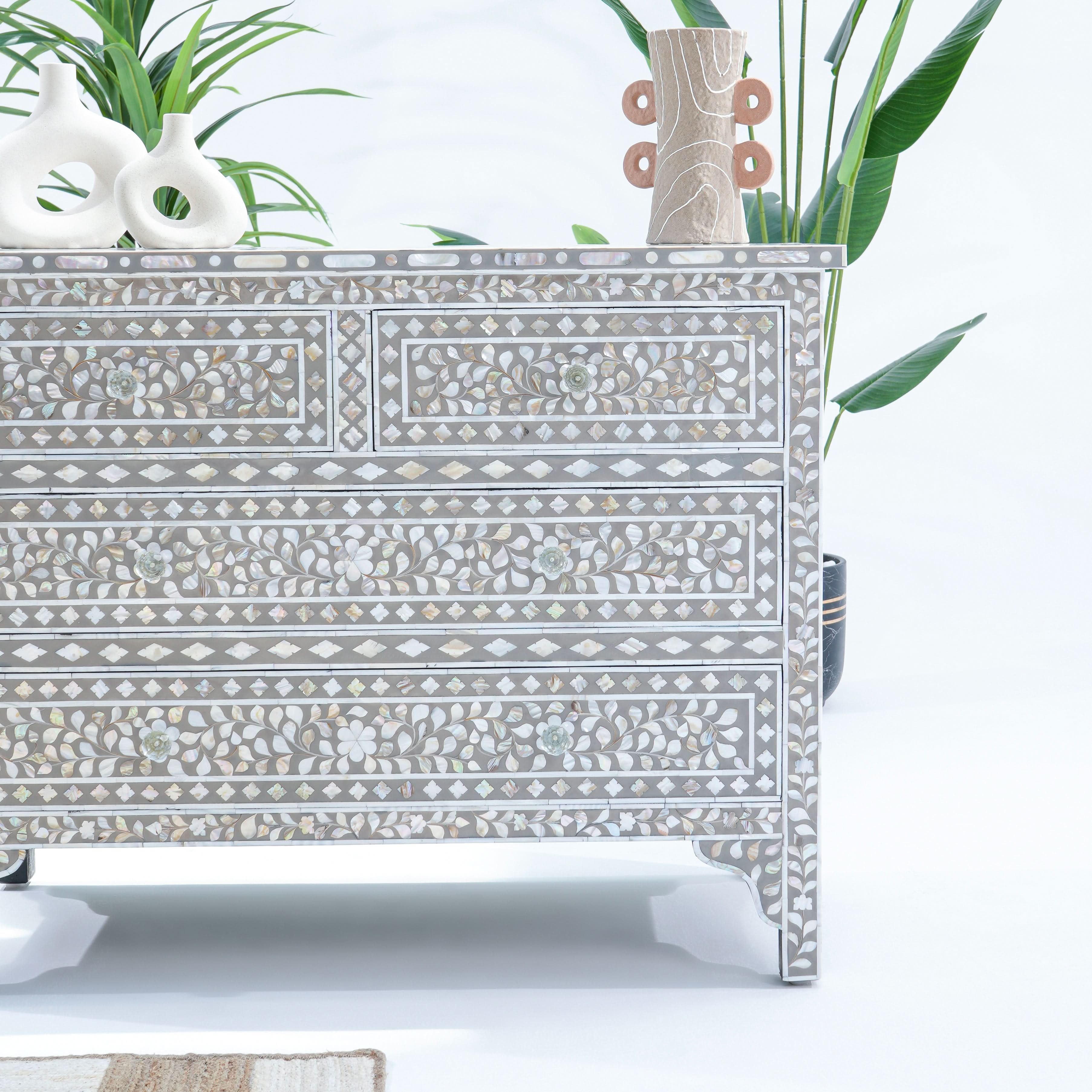 FLORAL GREY MOTHER OF PEARL CHEST OF DRAWER - Art and craft furniture