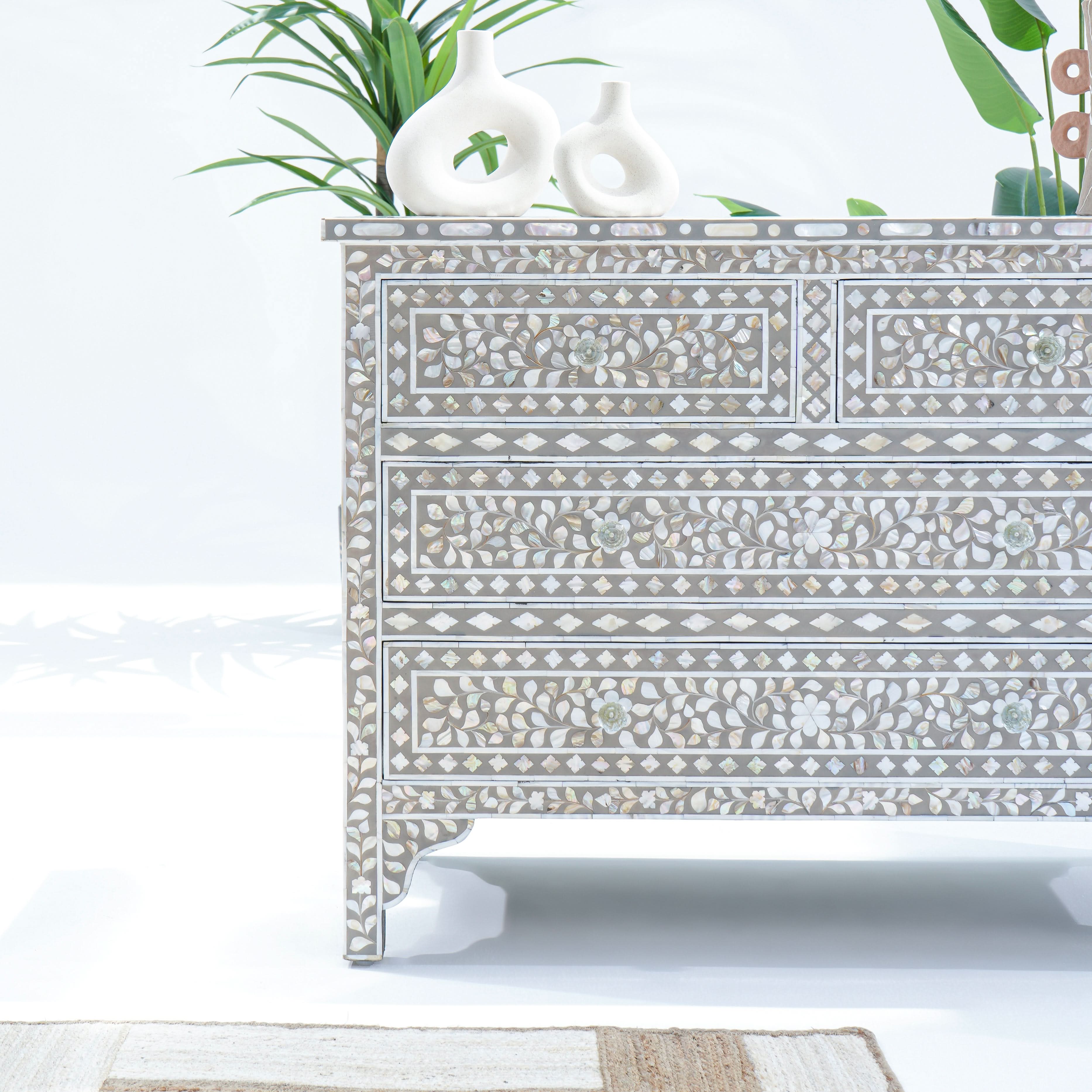 FLORAL GREY MOTHER OF PEARL CHEST OF DRAWER - Art and craft furniture