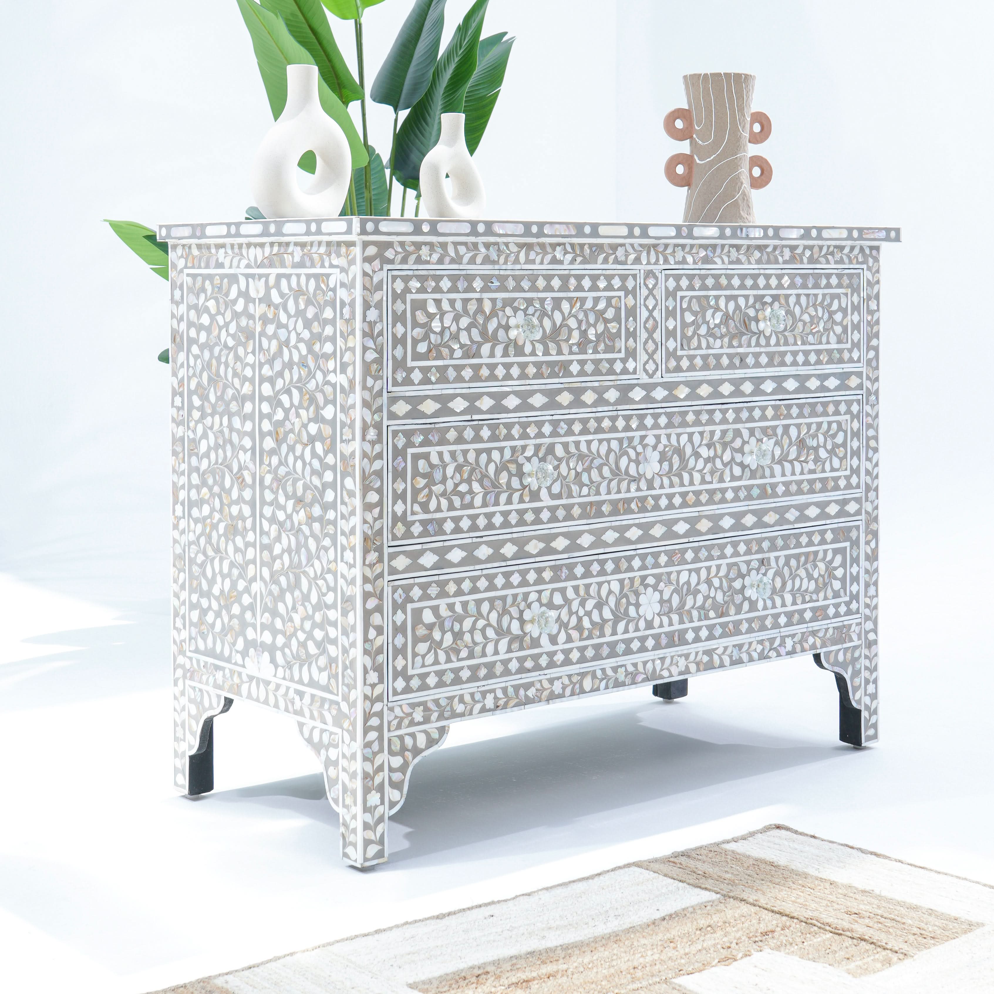 FLORAL GREY MOTHER OF PEARL CHEST OF DRAWER - Art and craft furniture