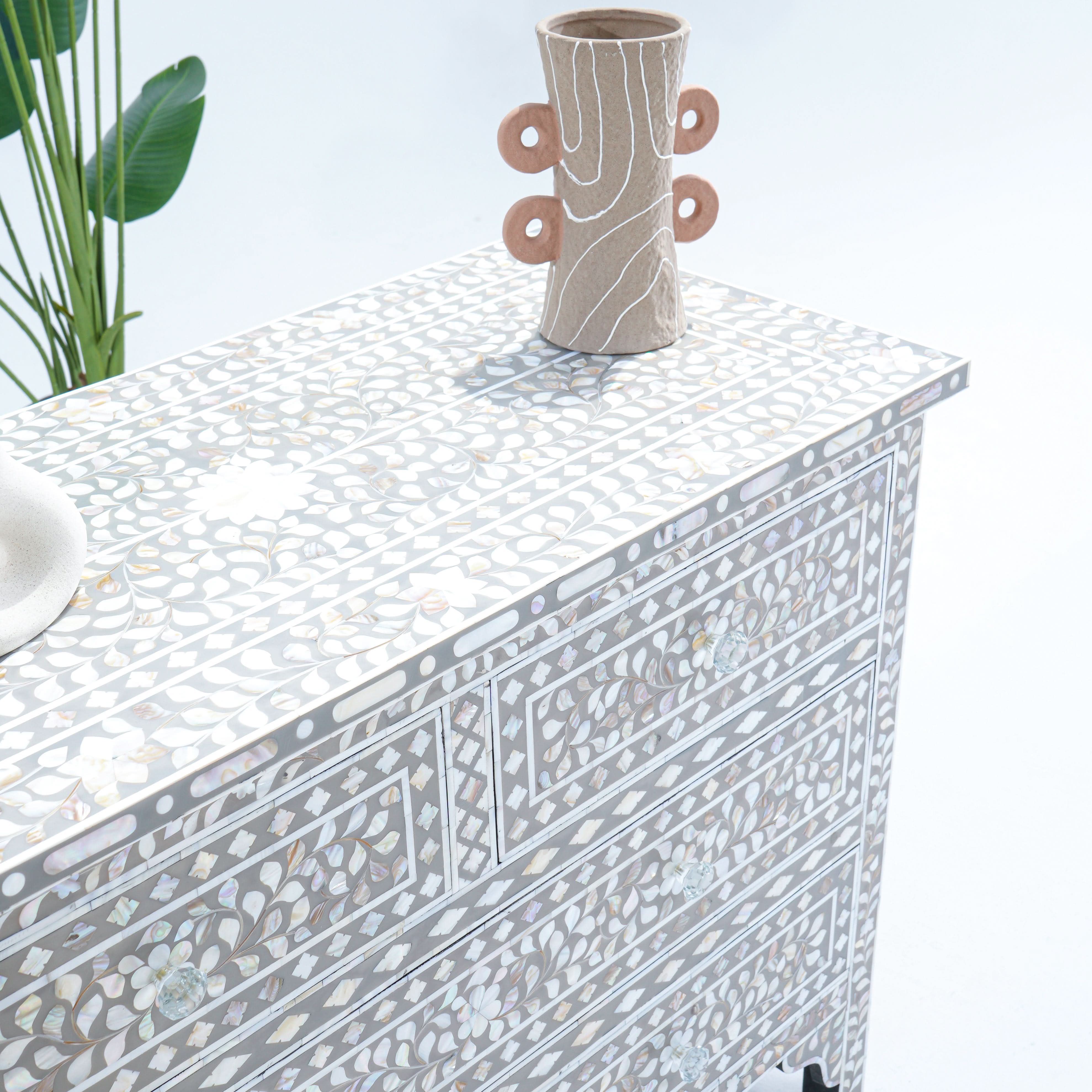 FLORAL GREY MOTHER OF PEARL CHEST OF DRAWER - Art and craft furniture