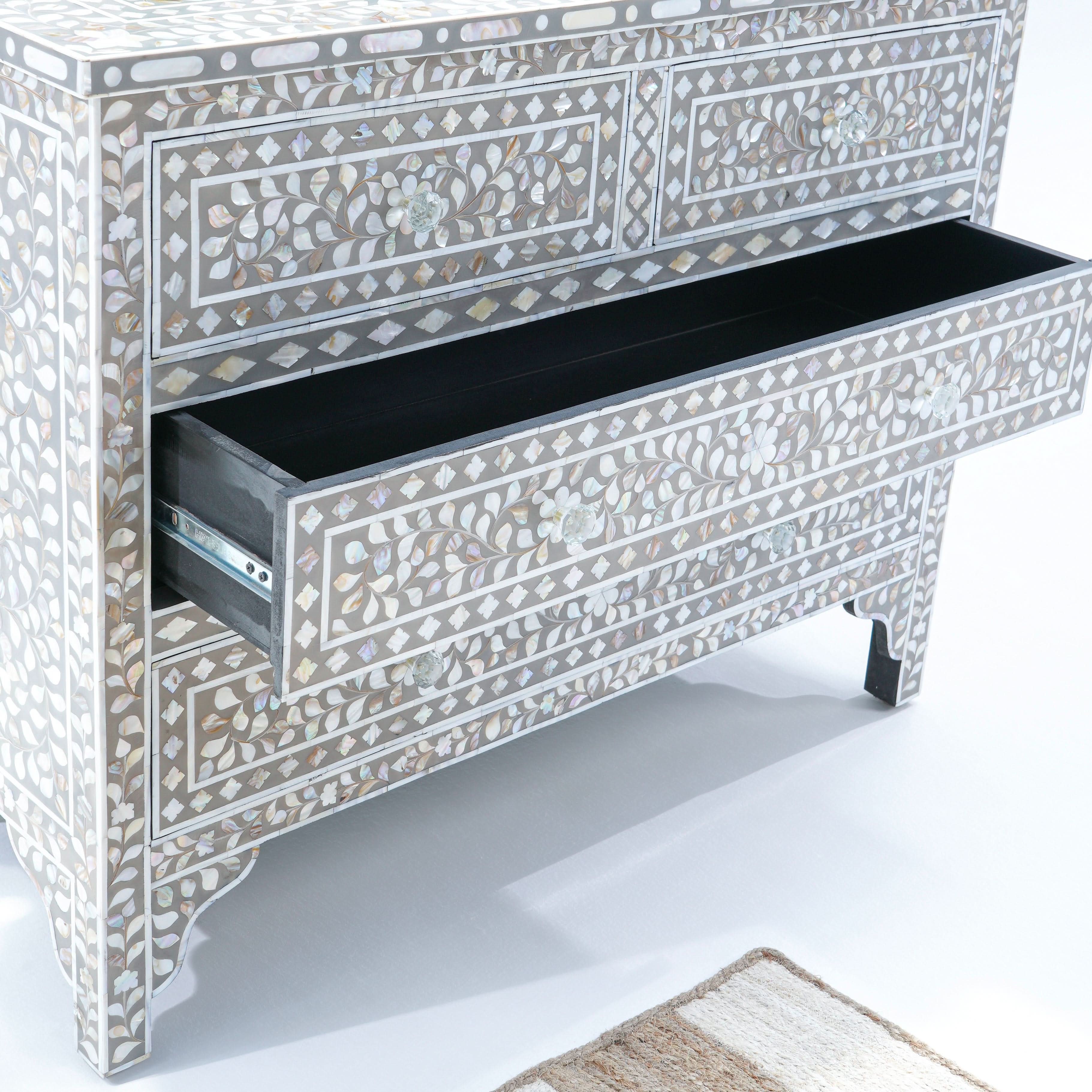 FLORAL GREY MOTHER OF PEARL CHEST OF DRAWER - Art and craft furniture