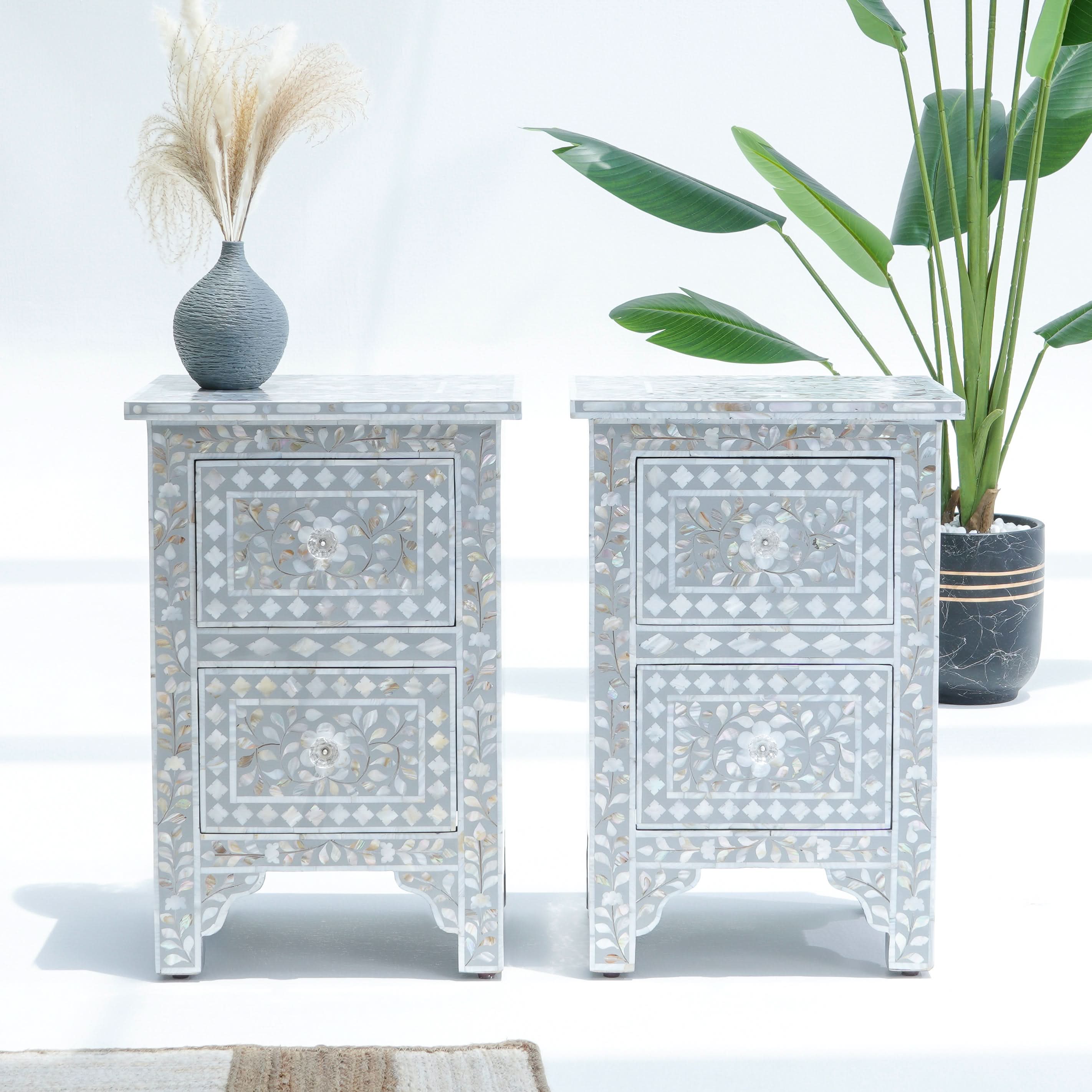 FLORAL-GREY MOTHER OF PEARL BEDSIDE TABLE - Art and craft furniture