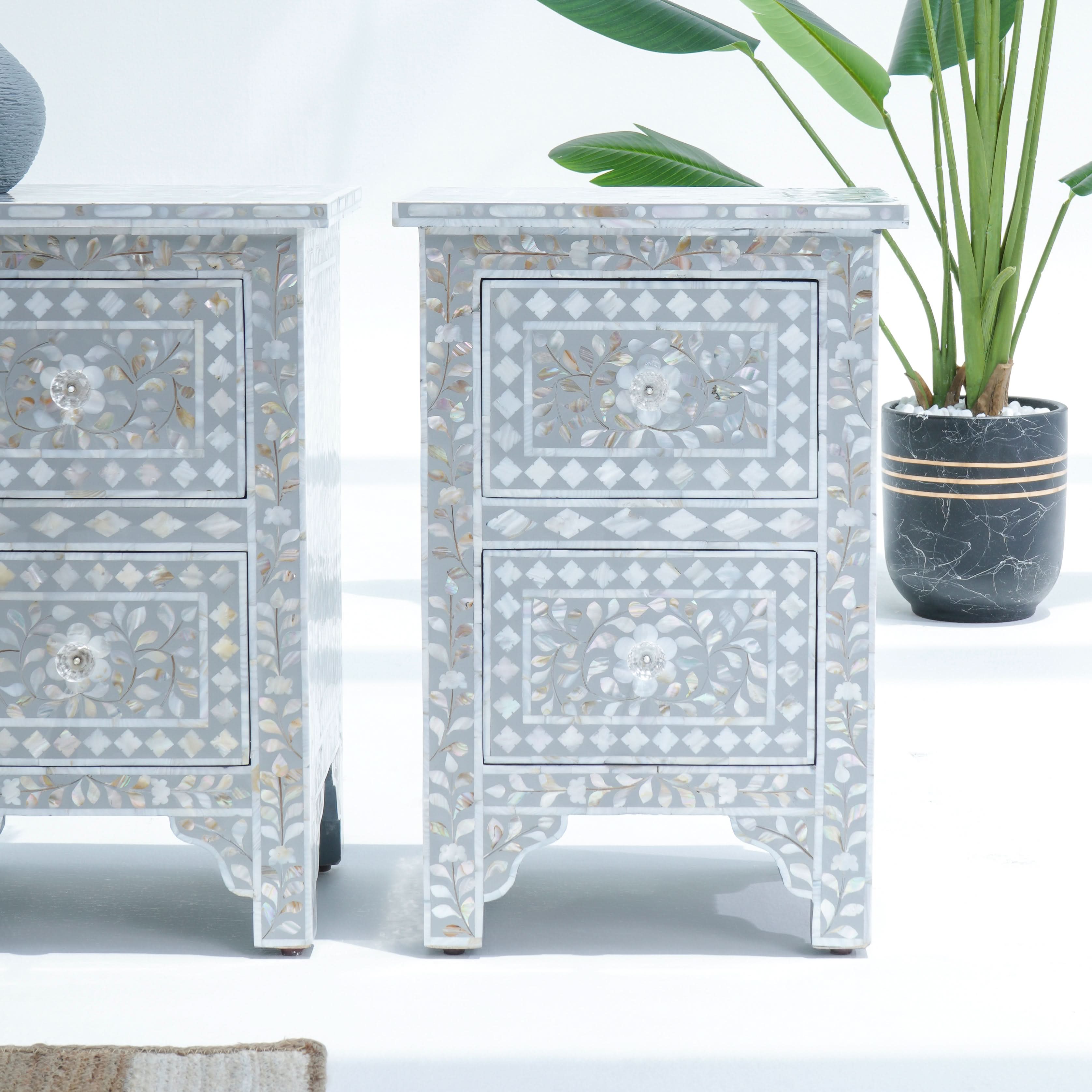 FLORAL-GREY MOTHER OF PEARL BEDSIDE TABLE - Art and craft furniture