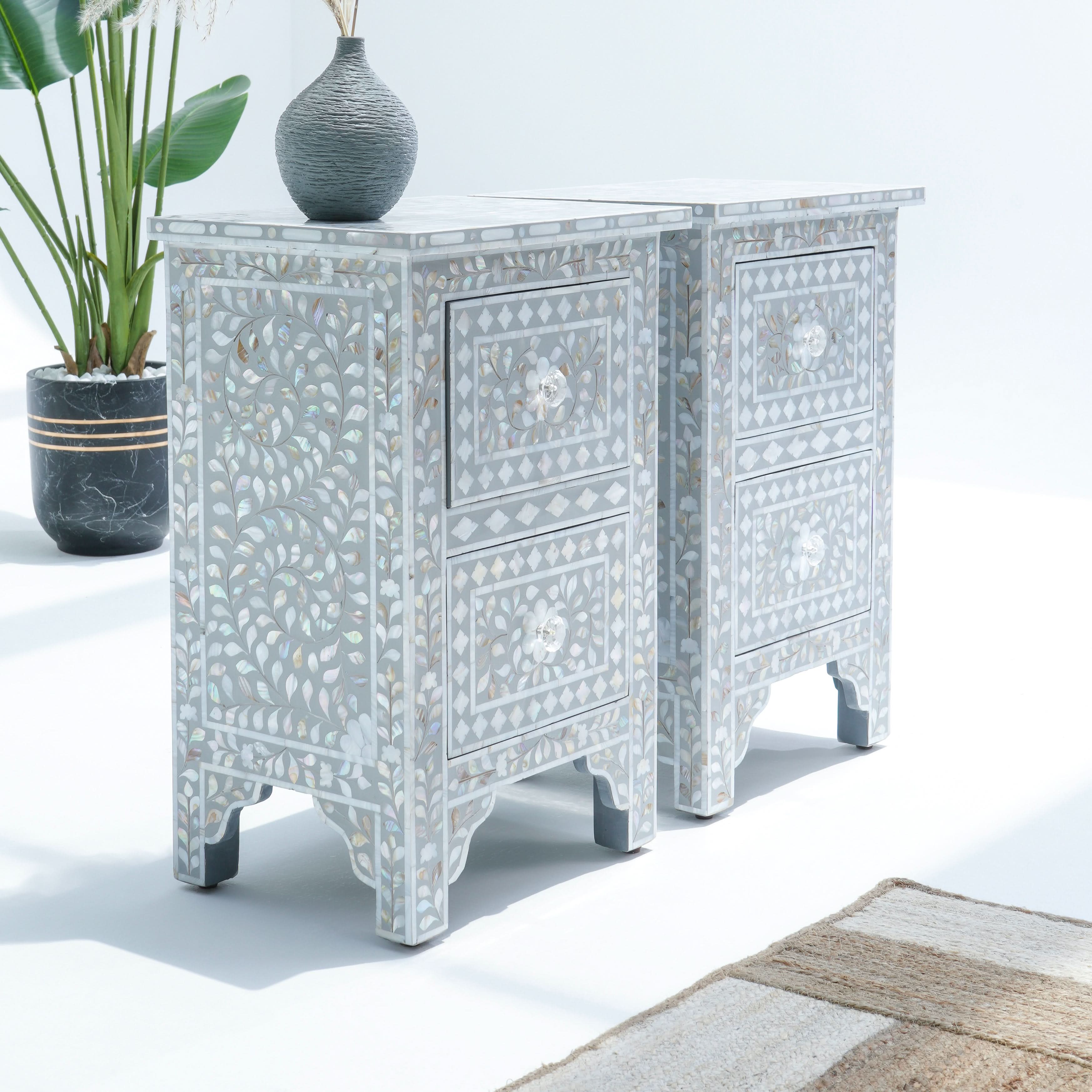 FLORAL-GREY MOTHER OF PEARL BEDSIDE TABLE - Art and craft furniture
