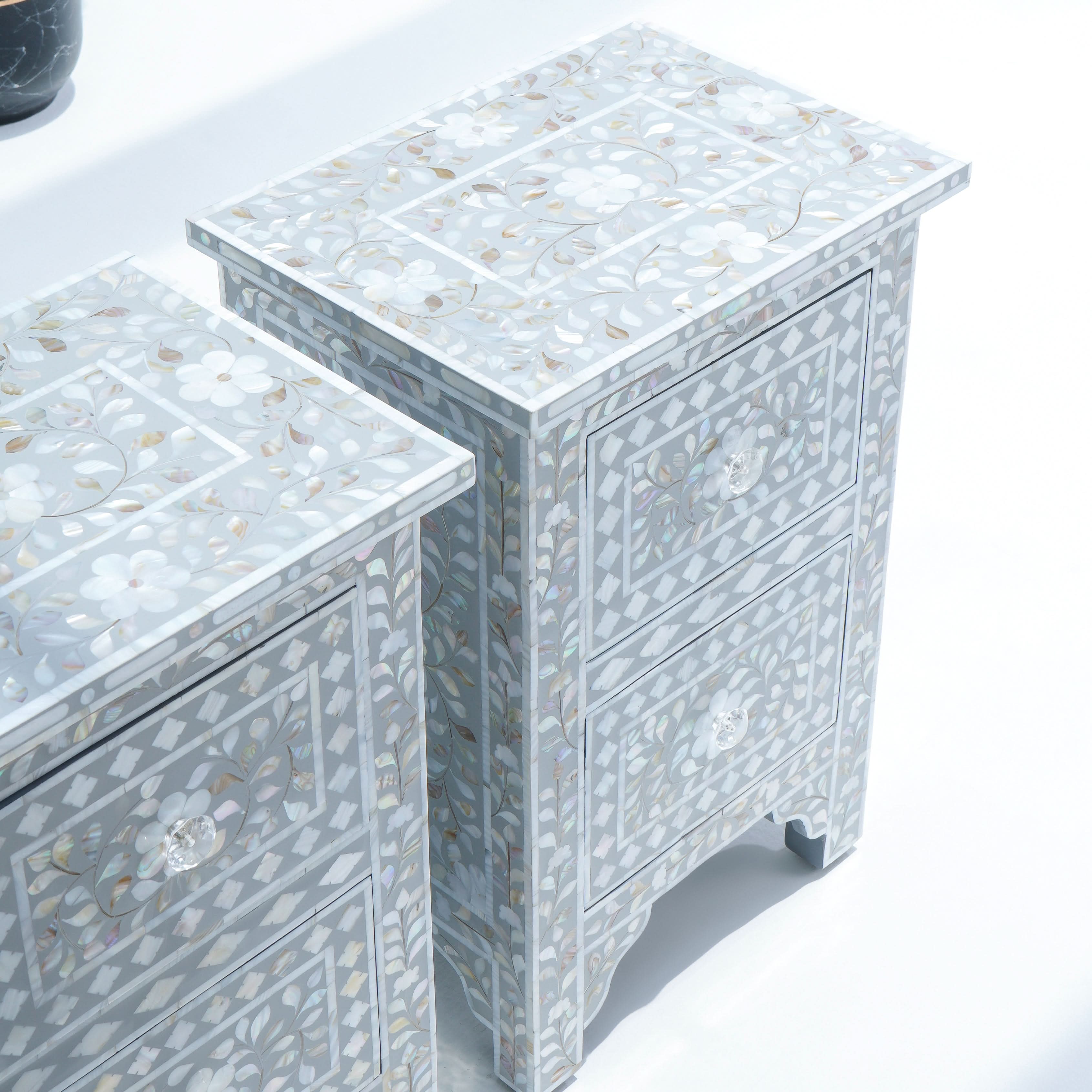 FLORAL-GREY MOTHER OF PEARL BEDSIDE TABLE - Art and craft furniture