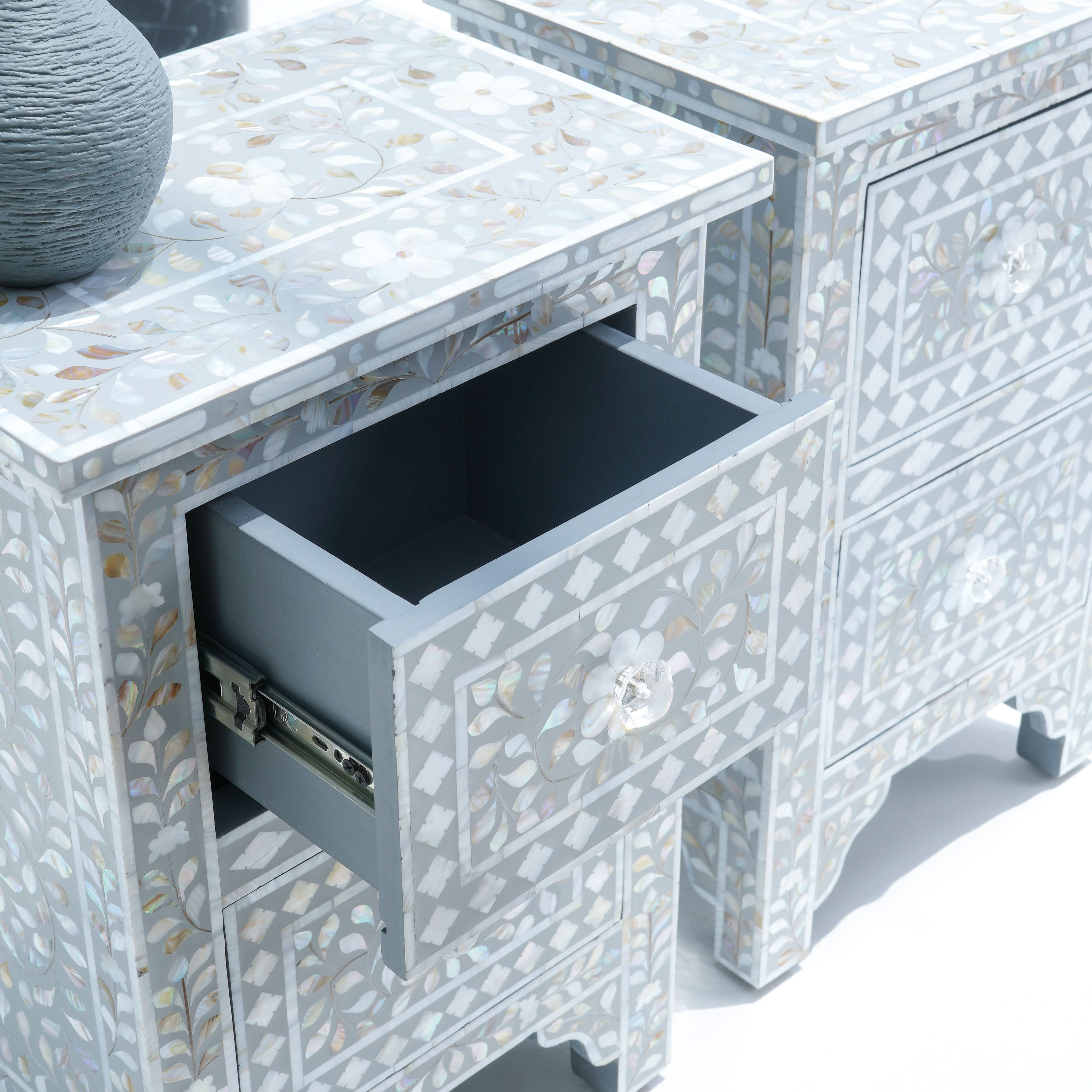 FLORAL-GREY MOTHER OF PEARL BEDSIDE TABLE - Art and craft furniture