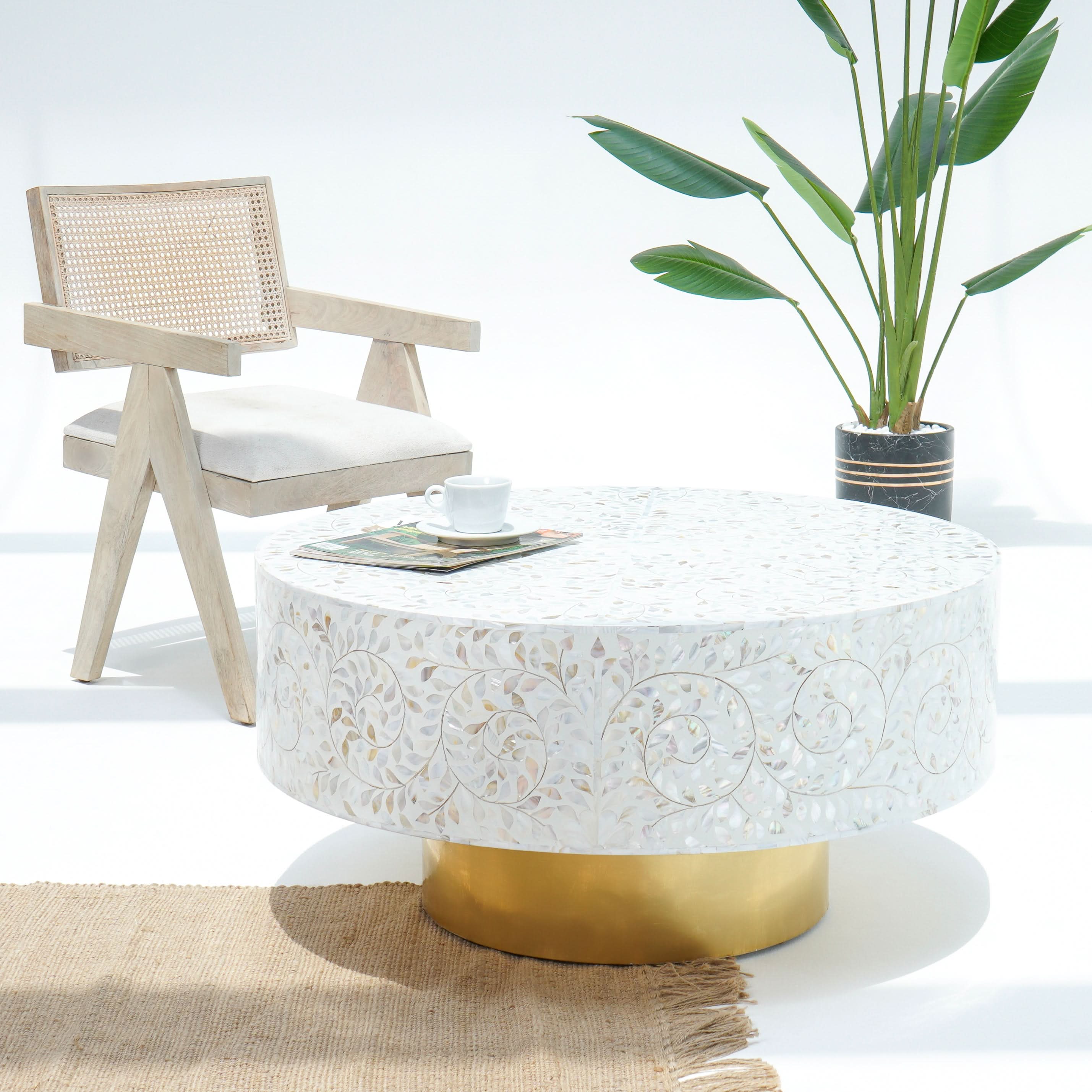 OCEAN-WHITE MOTHER OF PEARL ROUND COFFEE TABLE - Art and craft furniture