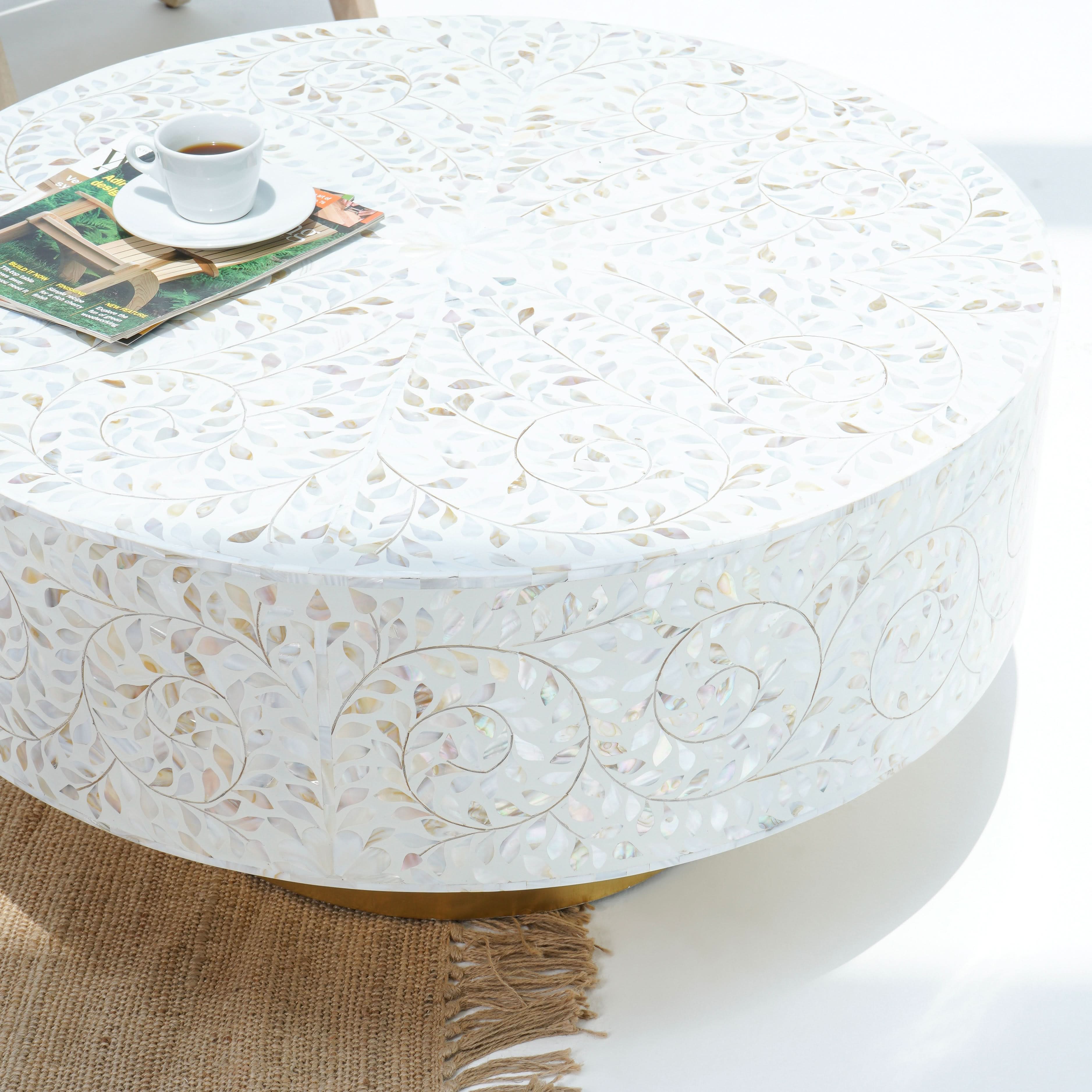 OCEAN-WHITE MOTHER OF PEARL ROUND COFFEE TABLE - Art and craft furniture