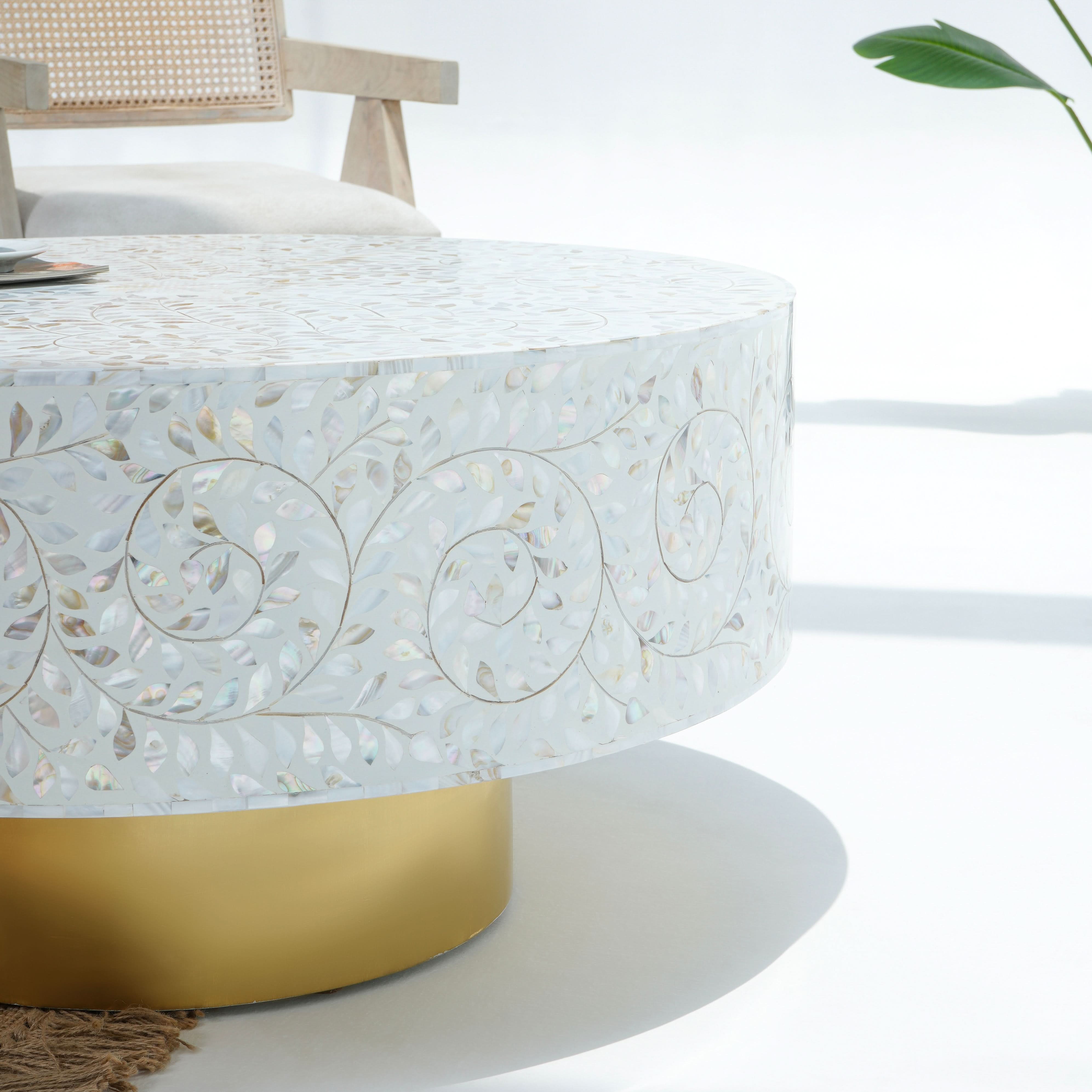 OCEAN-WHITE MOTHER OF PEARL ROUND COFFEE TABLE - Art and craft furniture