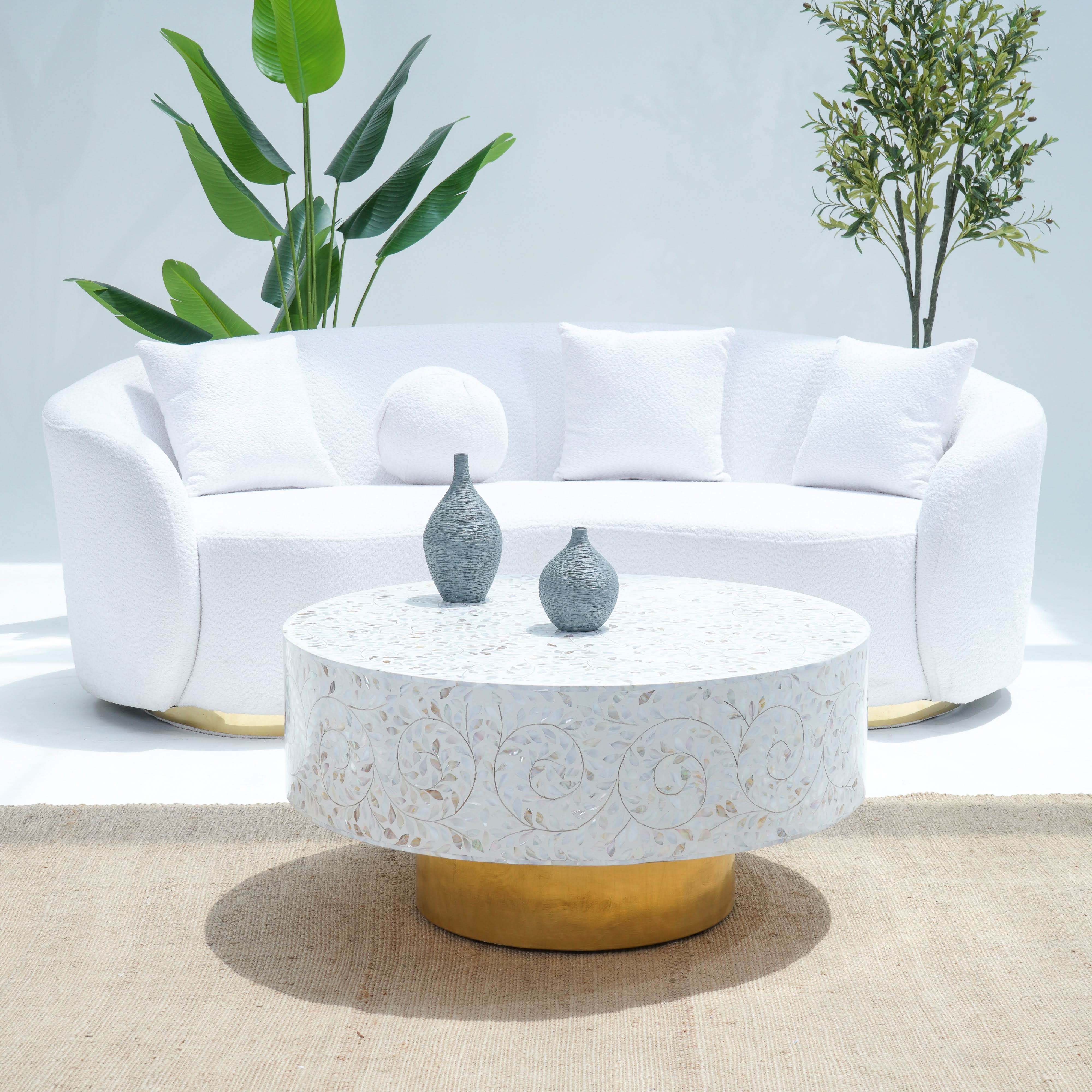 OCEAN-WHITE MOTHER OF PEARL ROUND COFFEE TABLE - Art and craft furniture