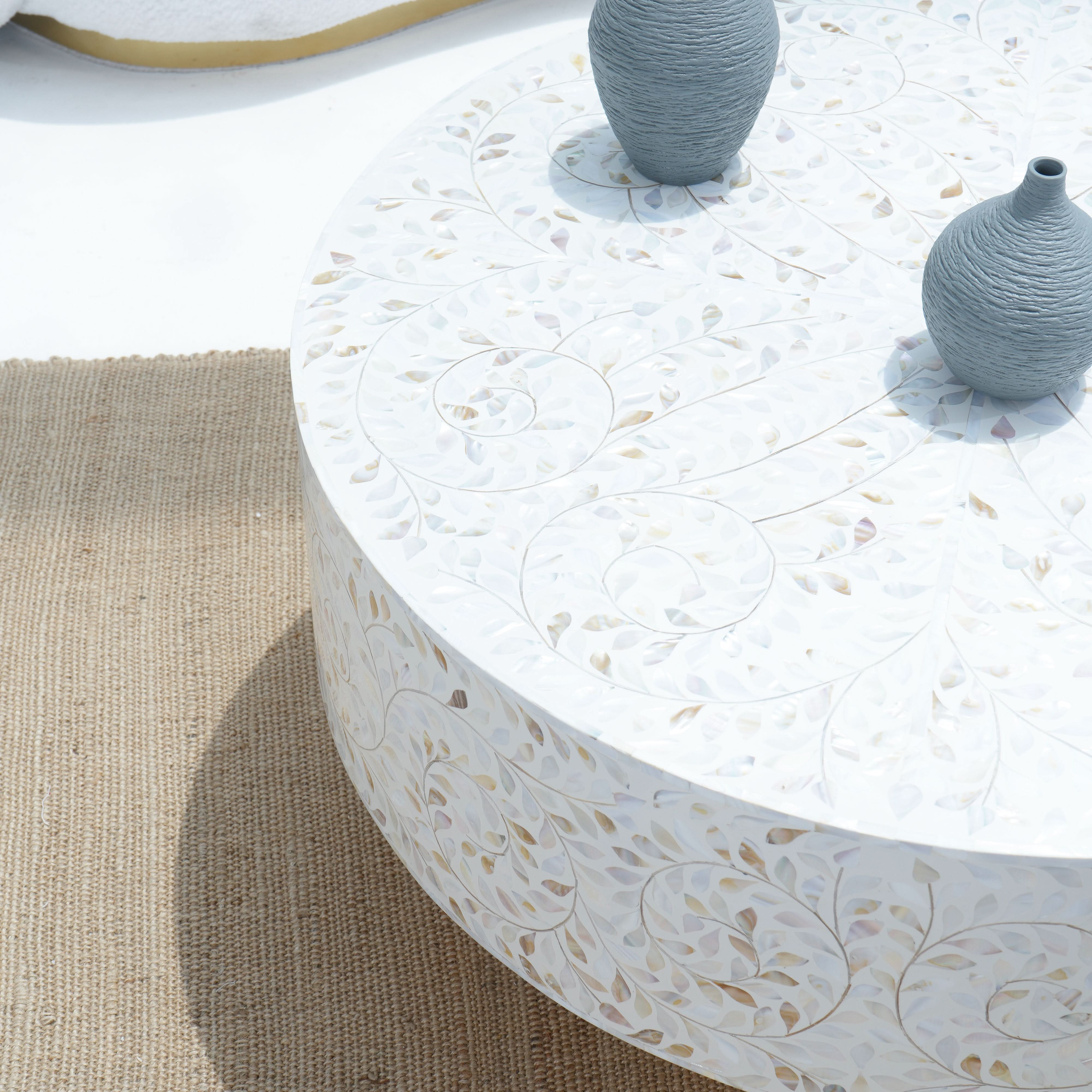 OCEAN-WHITE MOTHER OF PEARL ROUND COFFEE TABLE - Art and craft furniture
