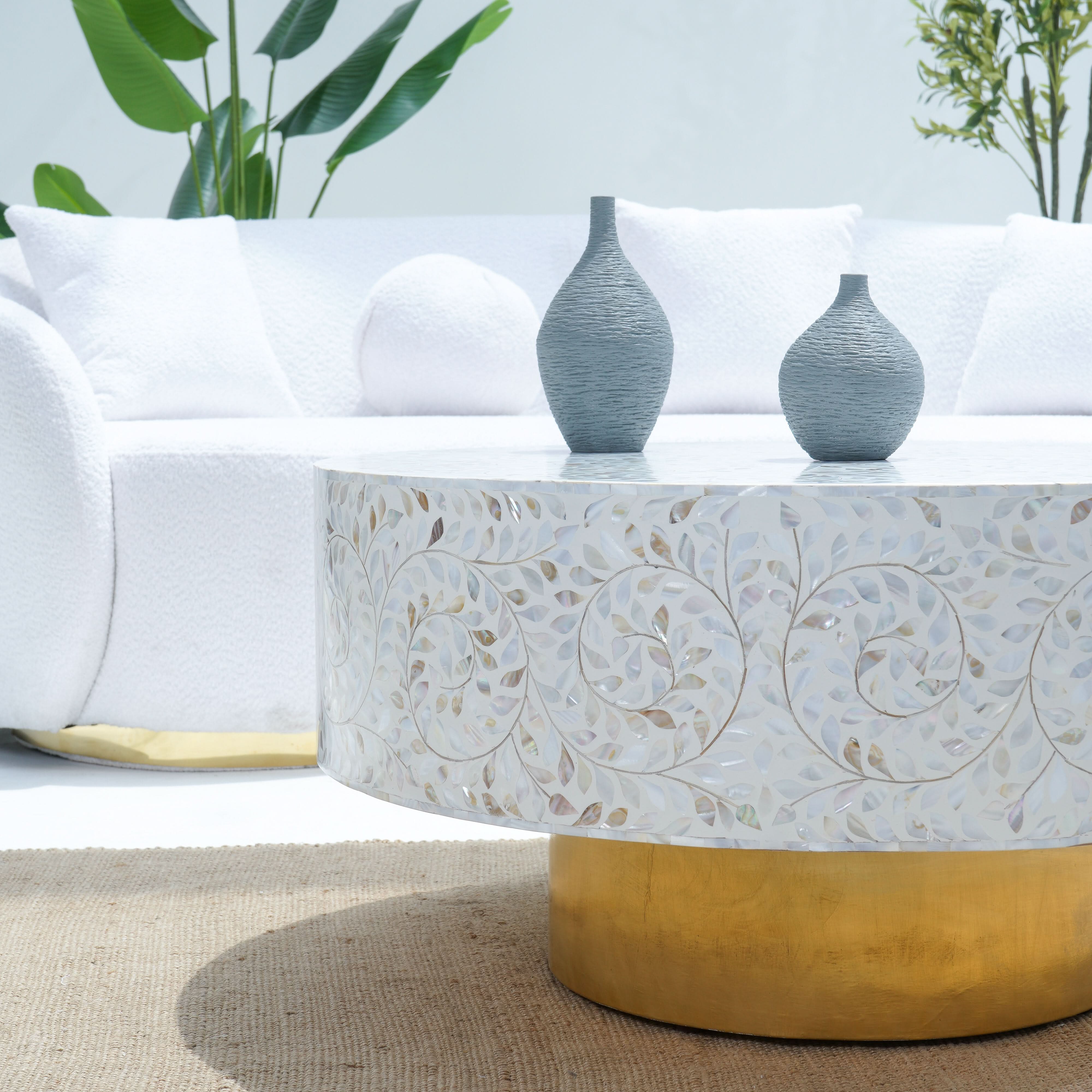 OCEAN-WHITE MOTHER OF PEARL ROUND COFFEE TABLE - Art and craft furniture