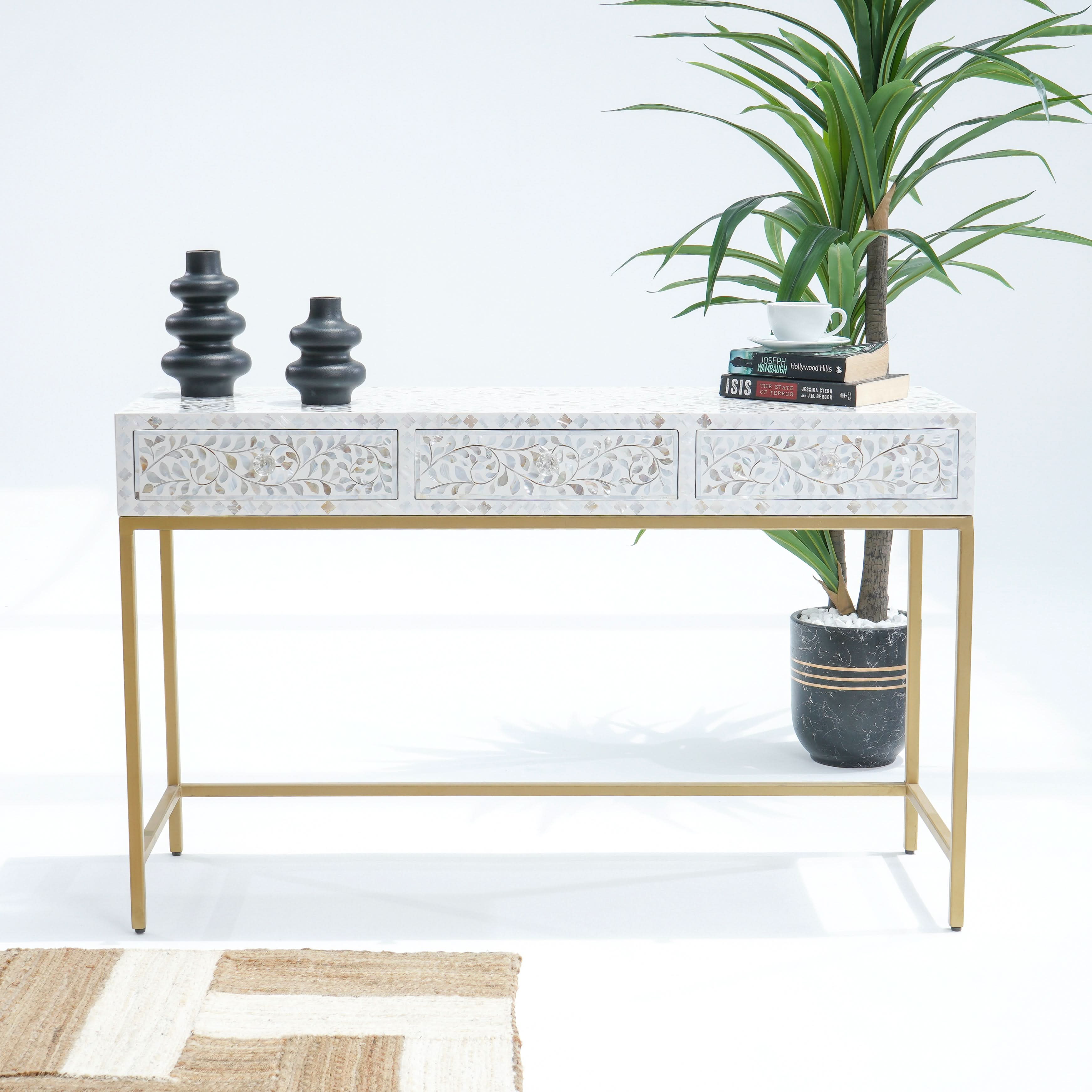 OCEAN-WHITE MOTHER OF PEARL THREE DRAWER CONSOLE - Art and craft furniture