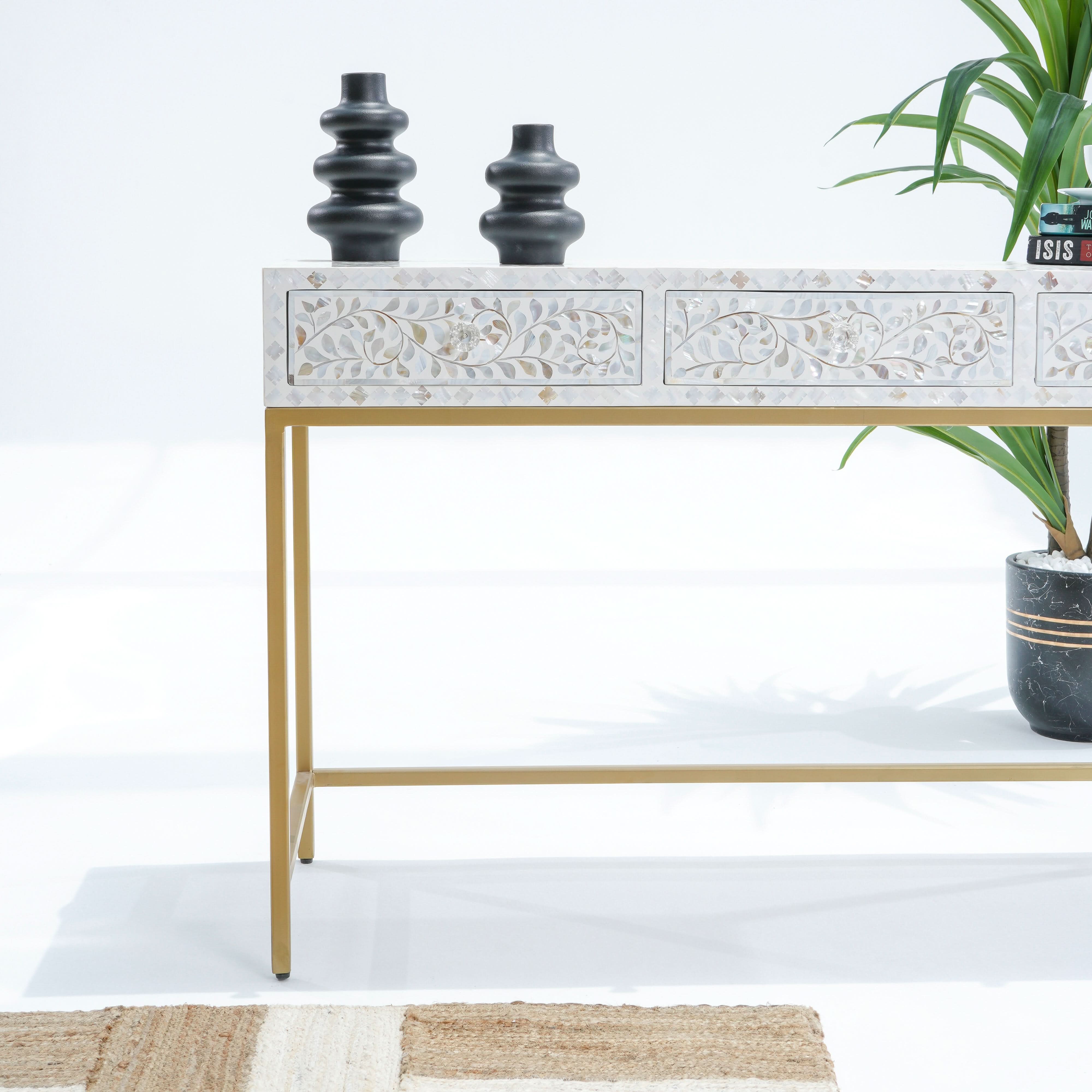 OCEAN-WHITE MOTHER OF PEARL THREE DRAWER CONSOLE - Art and craft furniture
