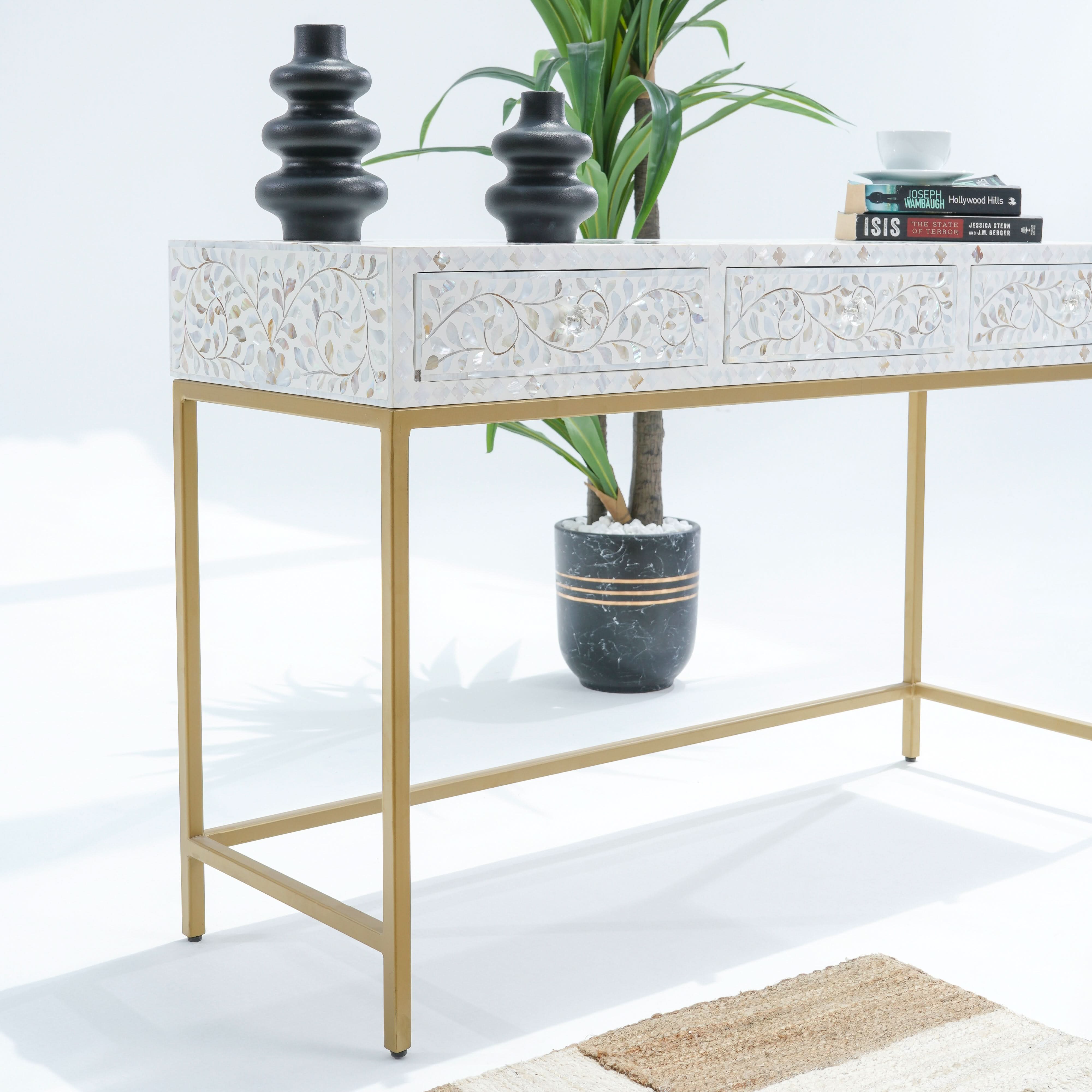 OCEAN-WHITE MOTHER OF PEARL THREE DRAWER CONSOLE - Art and craft furniture