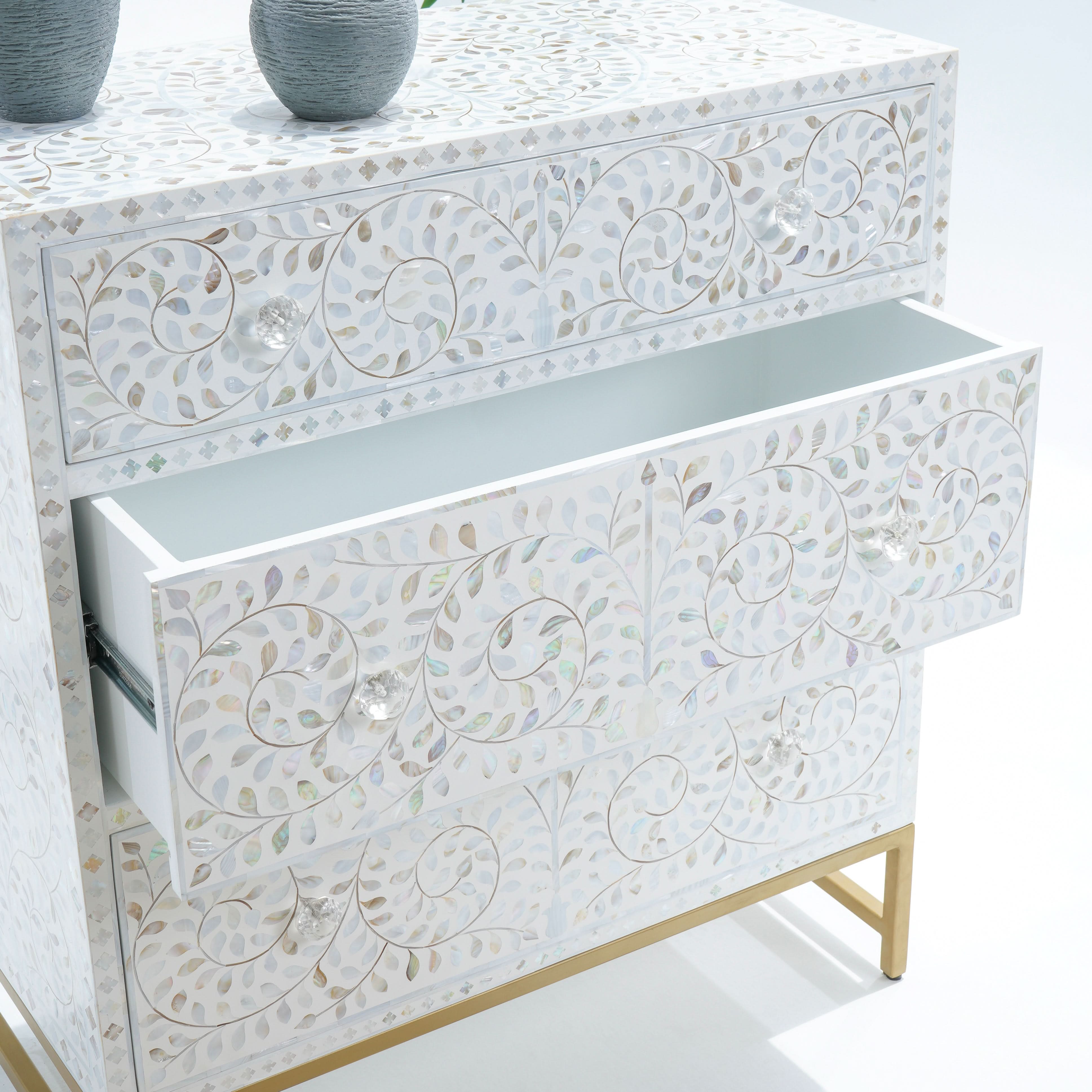 OCEAN-WHITE MOTHER OF PEARL THREE DRAWER DRAWCHEST - Art and craft furniture