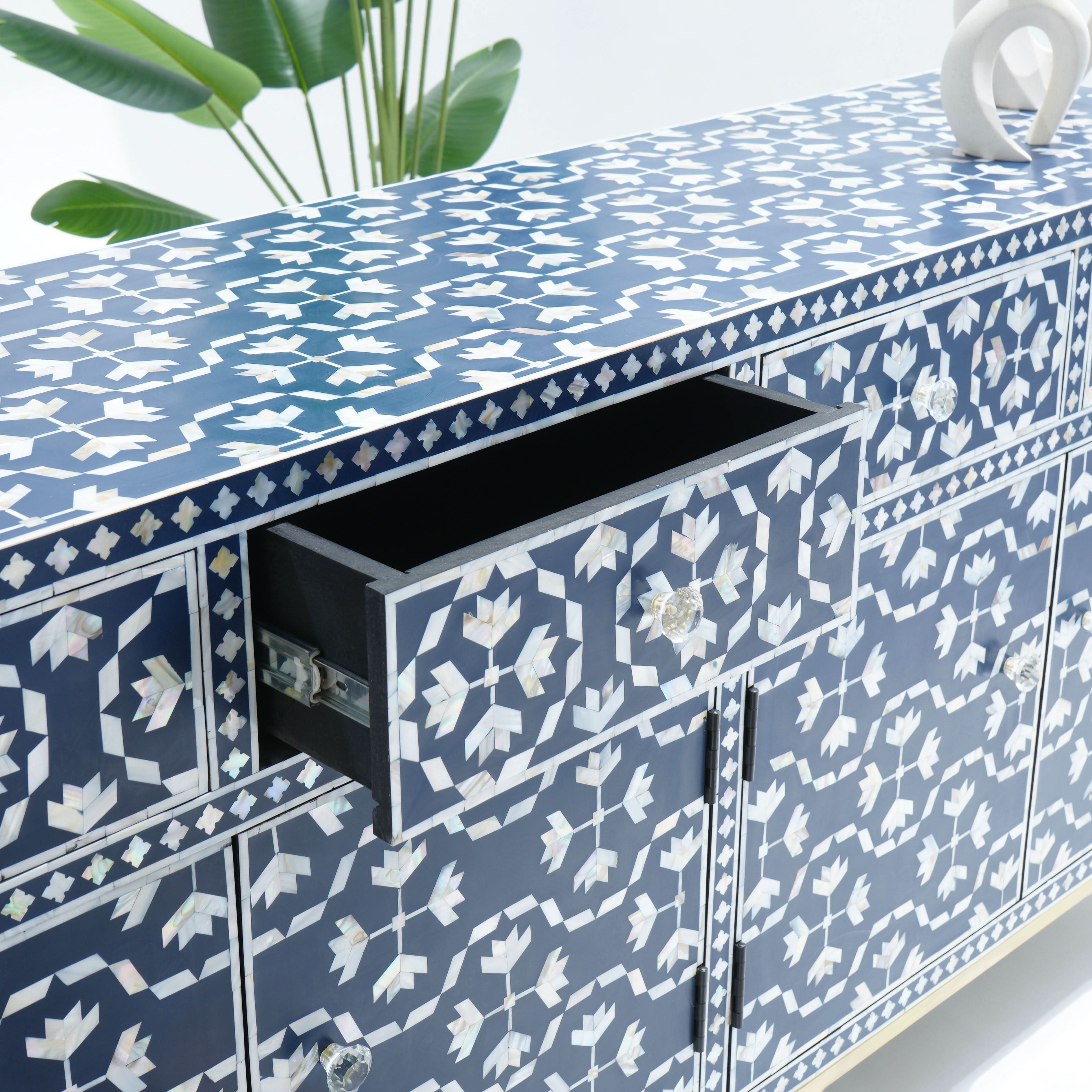 GEOMETRIC-BLUE MOTHER OF PEARL FOUR DRAWER DOOR SIDEBOARD - Art and craft furniture