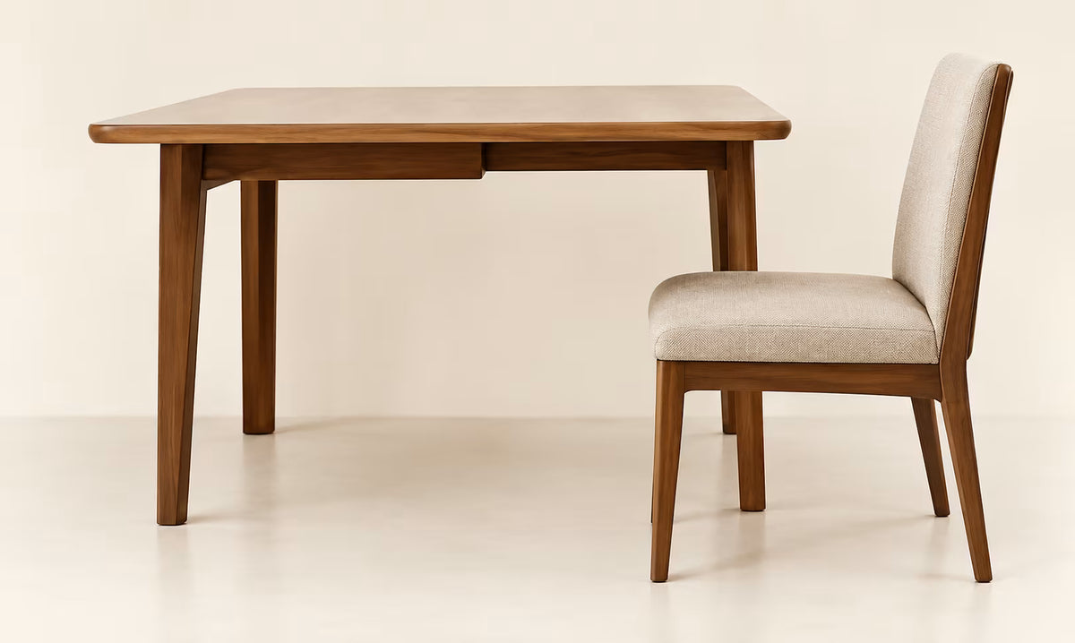 Side view of a dining table and chair