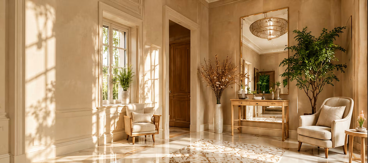 Bright entryway with a solid wood console table, tall mirror and armchair
