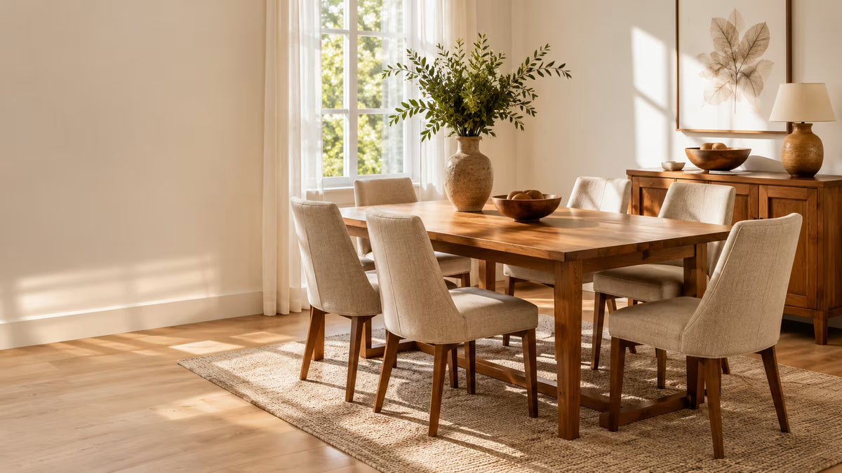 Wooden dining table with upholstered chairs in a sunlit dining room