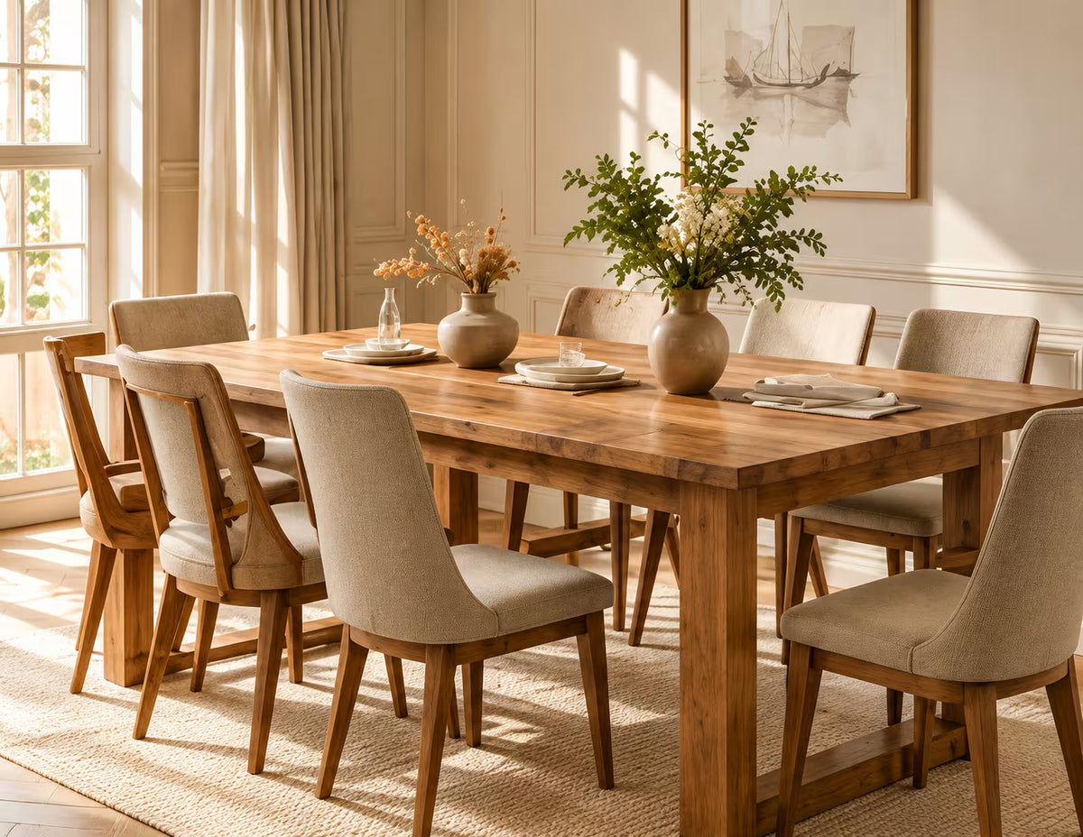 Solid wood dining table with upholstered chairs in a sunlit room